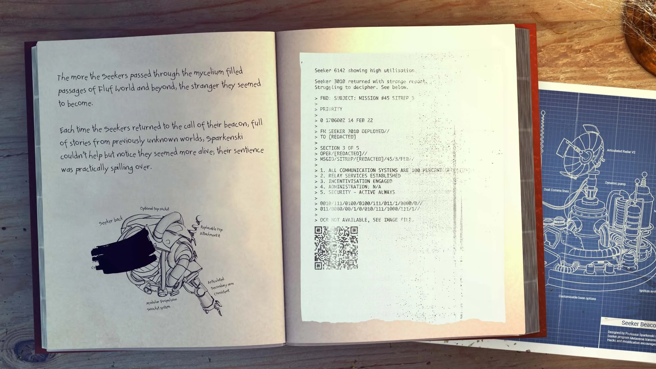 Open lore book with Seeker notes, sketch, mission report, and blueprint.