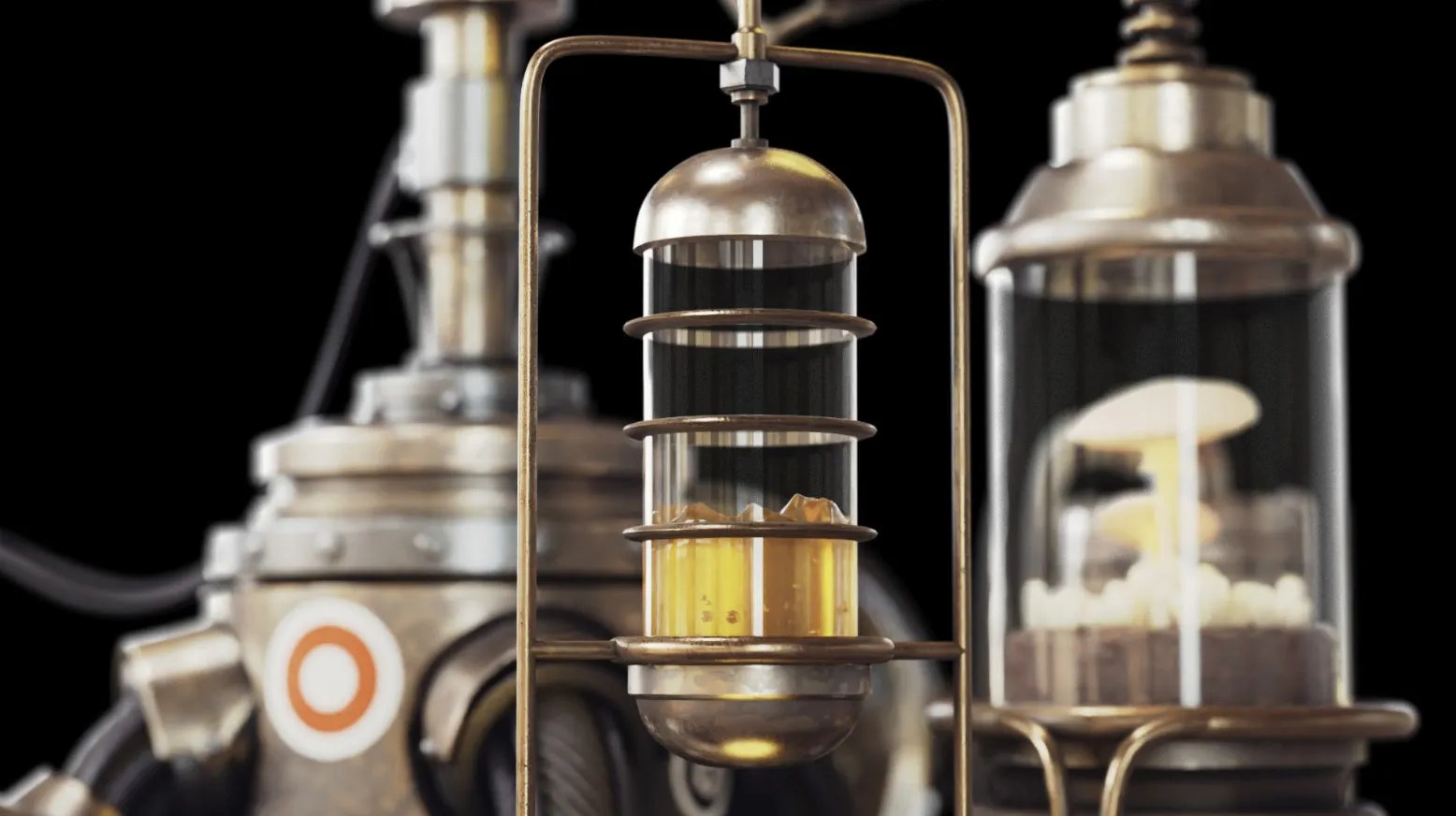 Close-up of a brass and glass Seeker beacon mechanism.