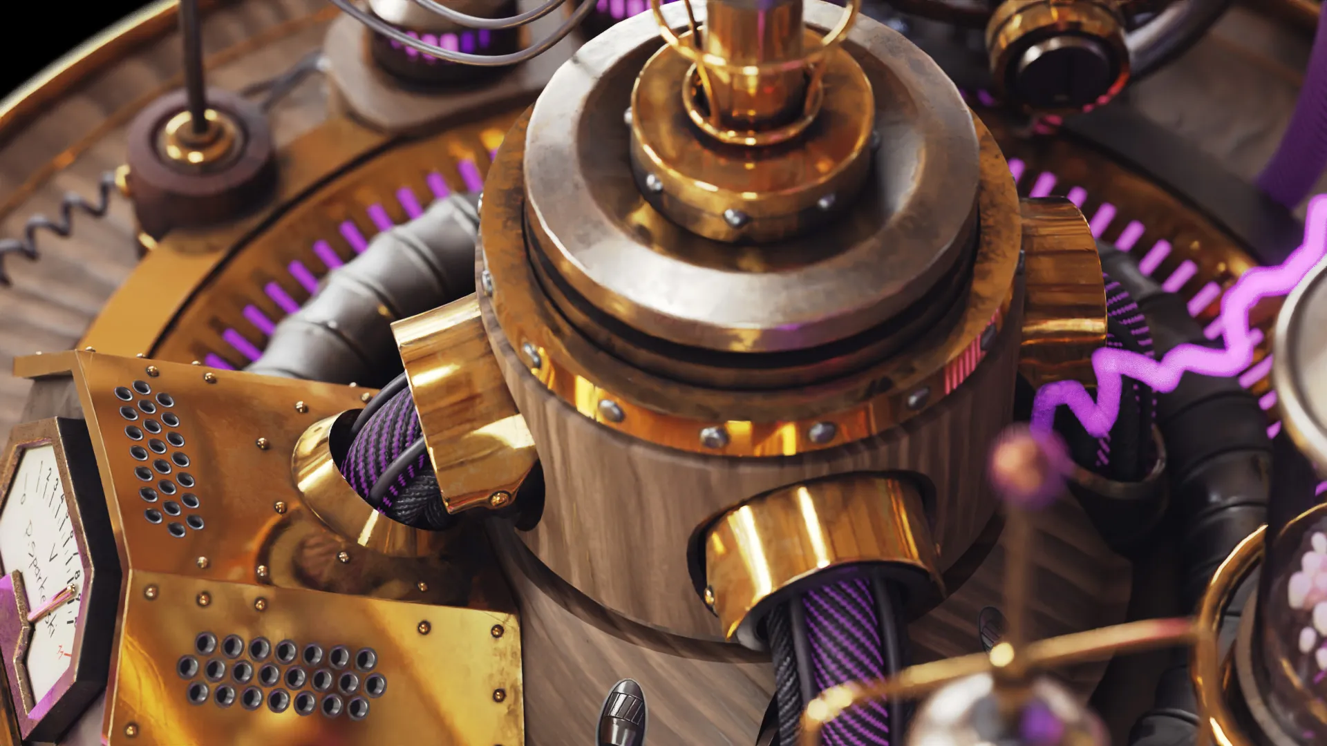Close-up of a brass and purple mechanical device from Seekers.
