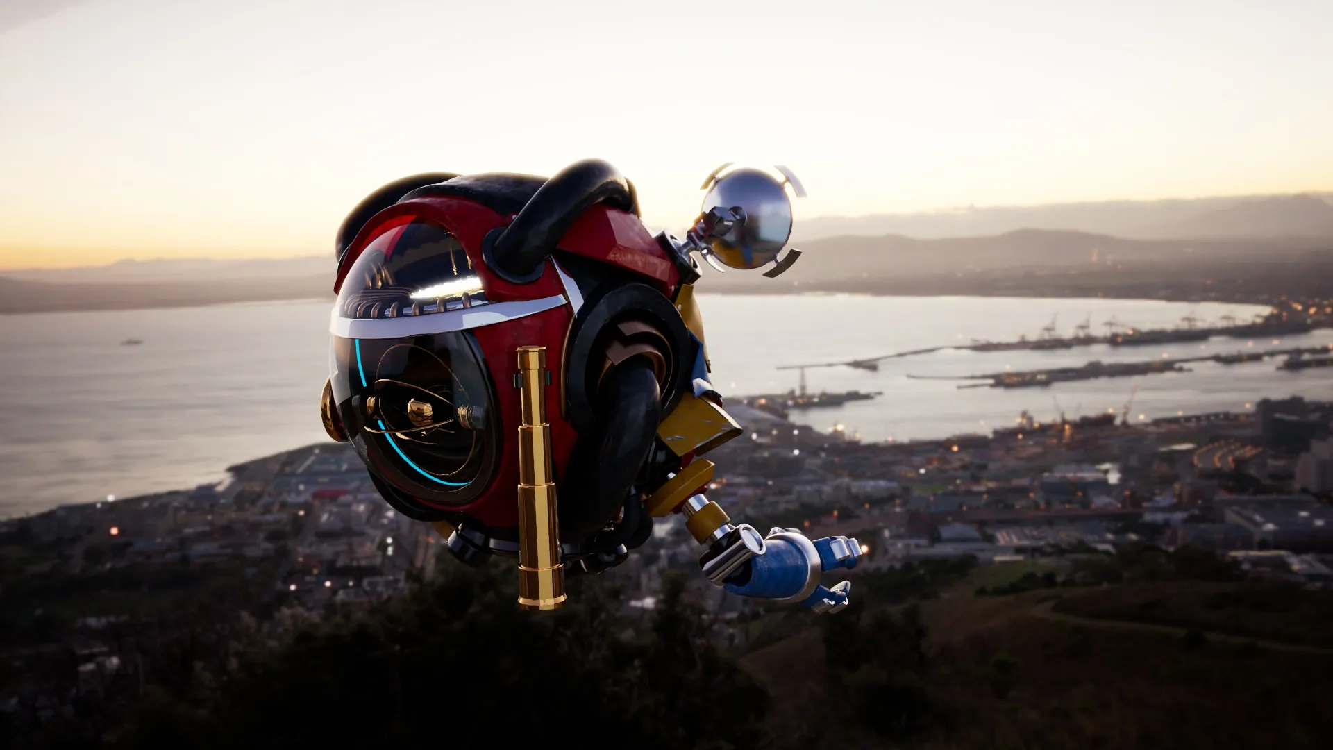 Red Seeker floating above a coastal city at sunset.