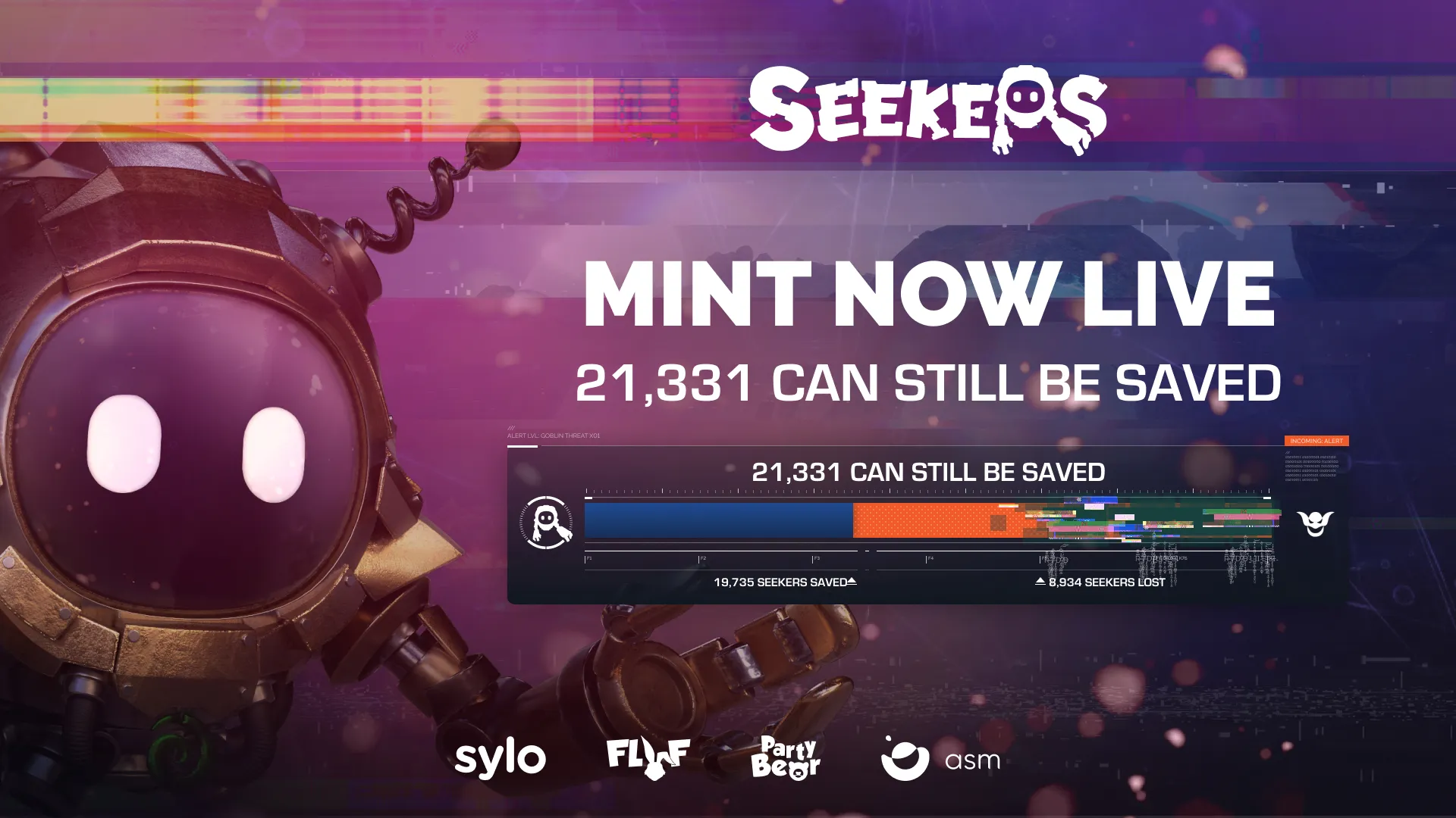 Seekers mint announcement with countdown and partner logos.
