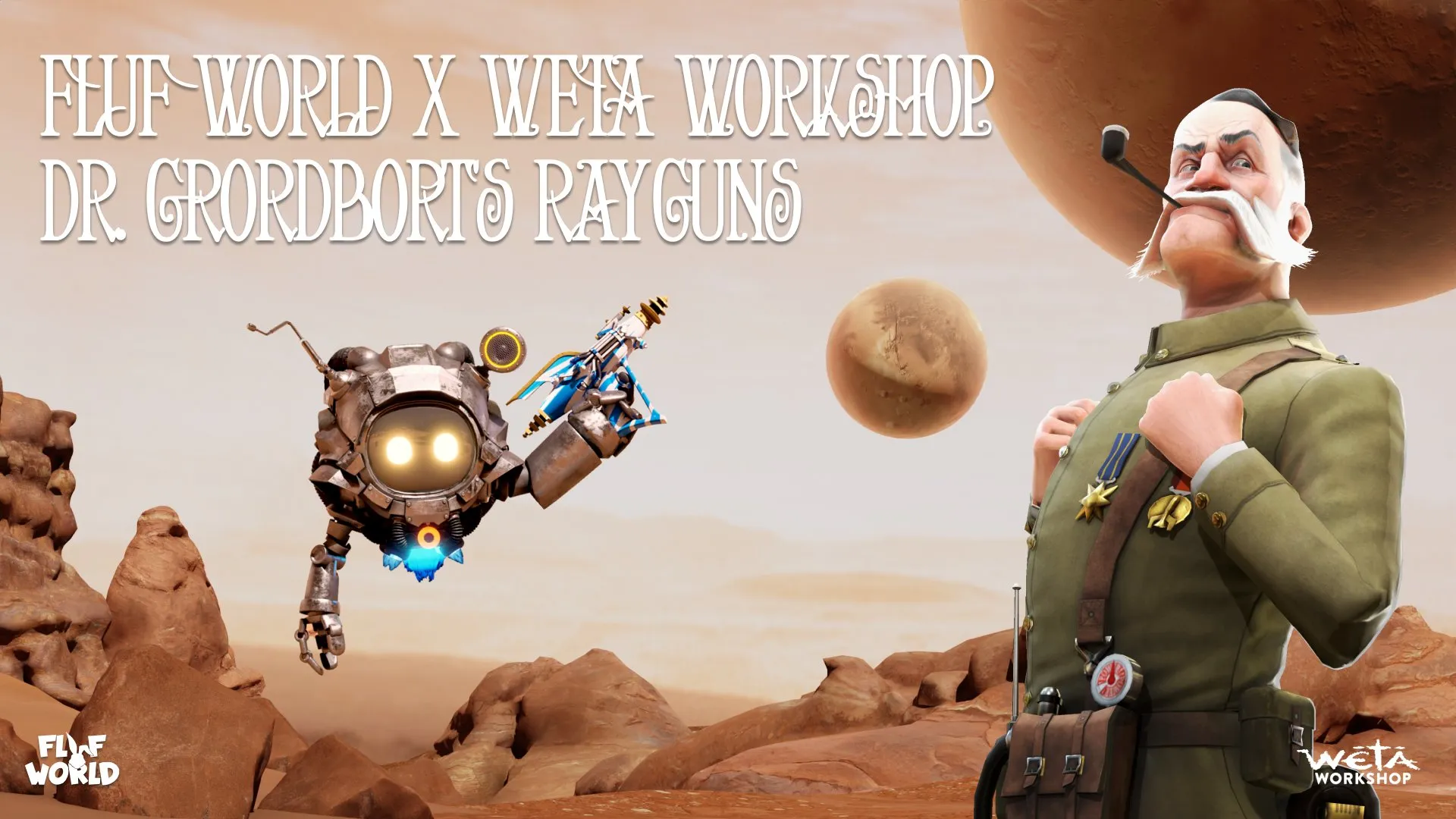 Fluf World and Weta Workshop Dr. Grordbort's Rayguns announcement art.