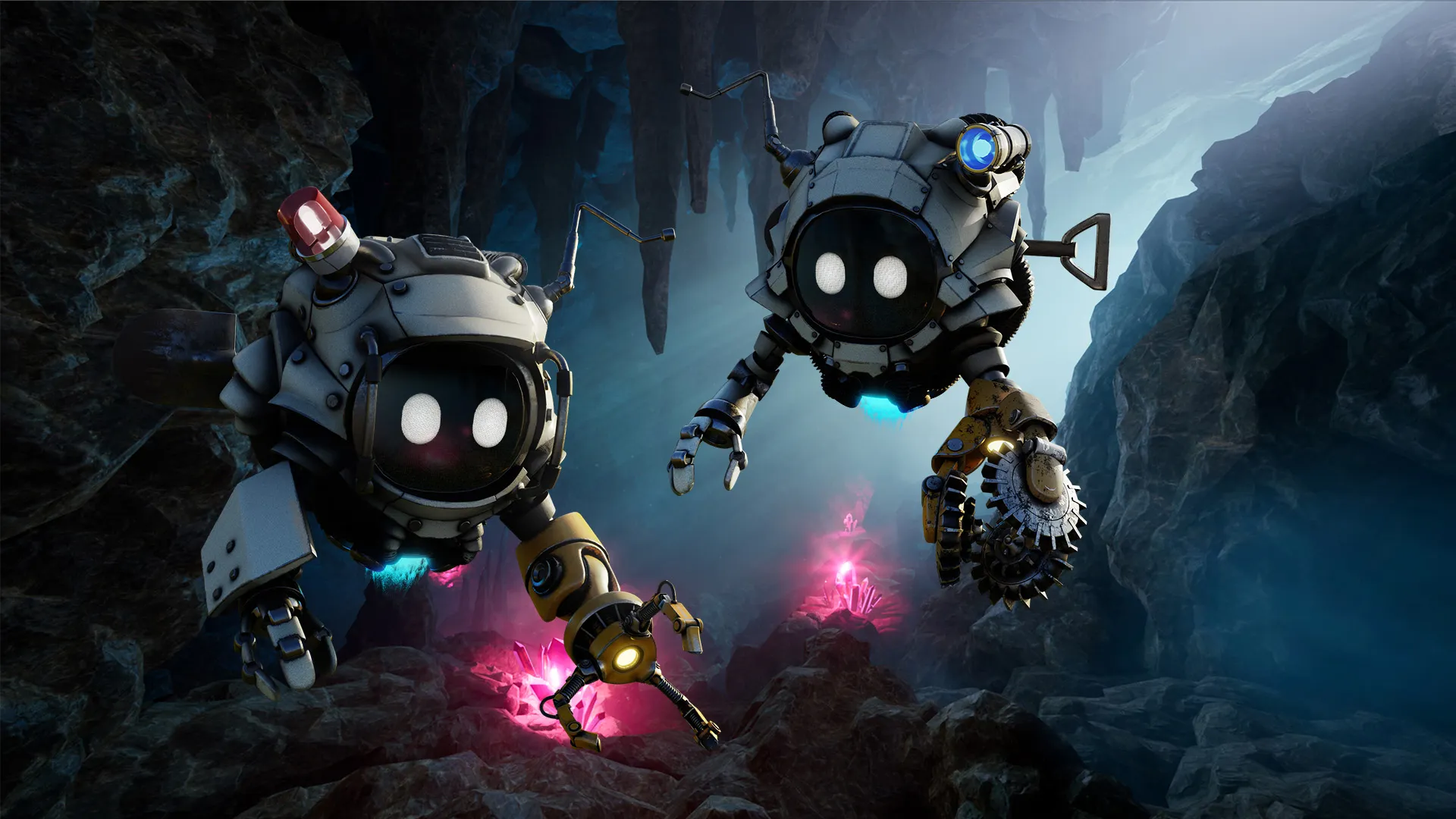 Seekers robots exploring a glowing crystal cave.