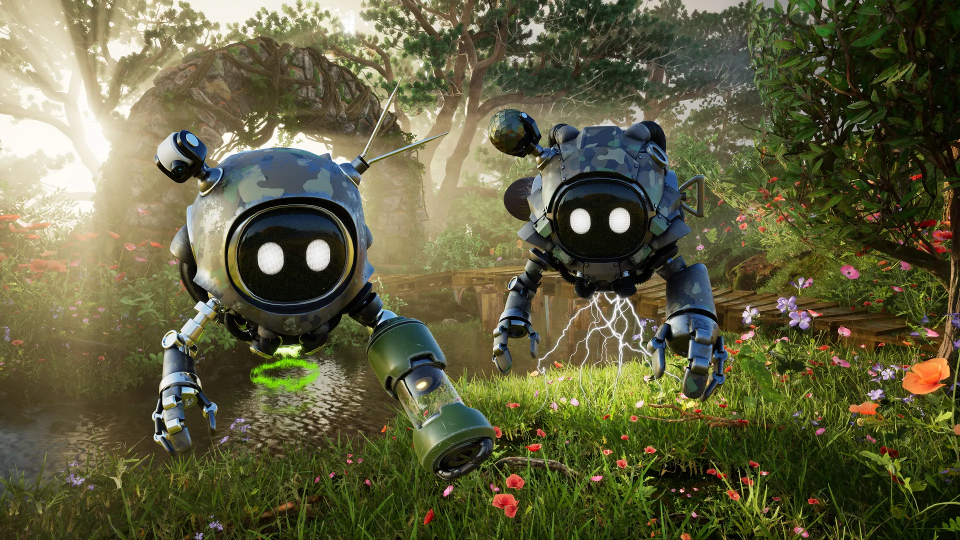 Two Seekers floating through a sunlit garden world.