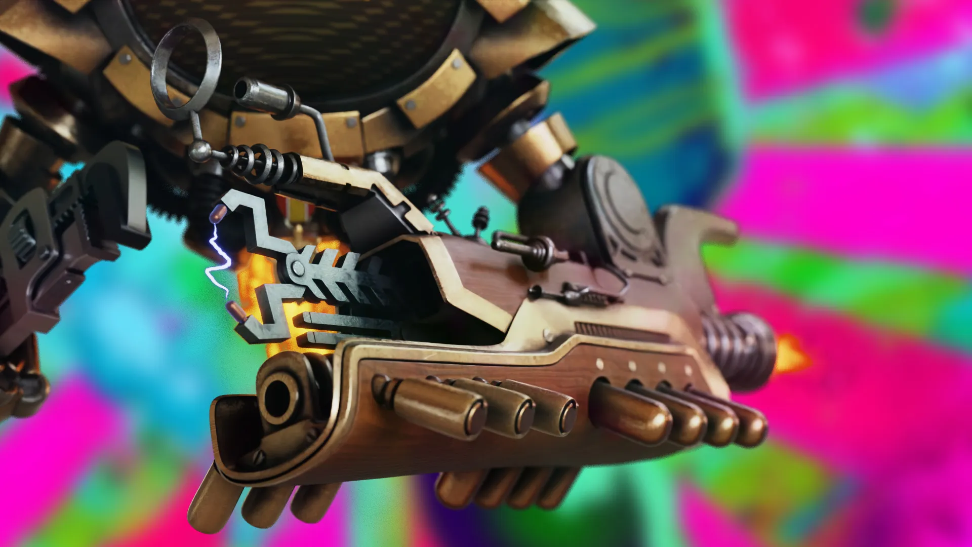 Close-up of a Seeker holding a mechanical raygun against a bright abstract background.