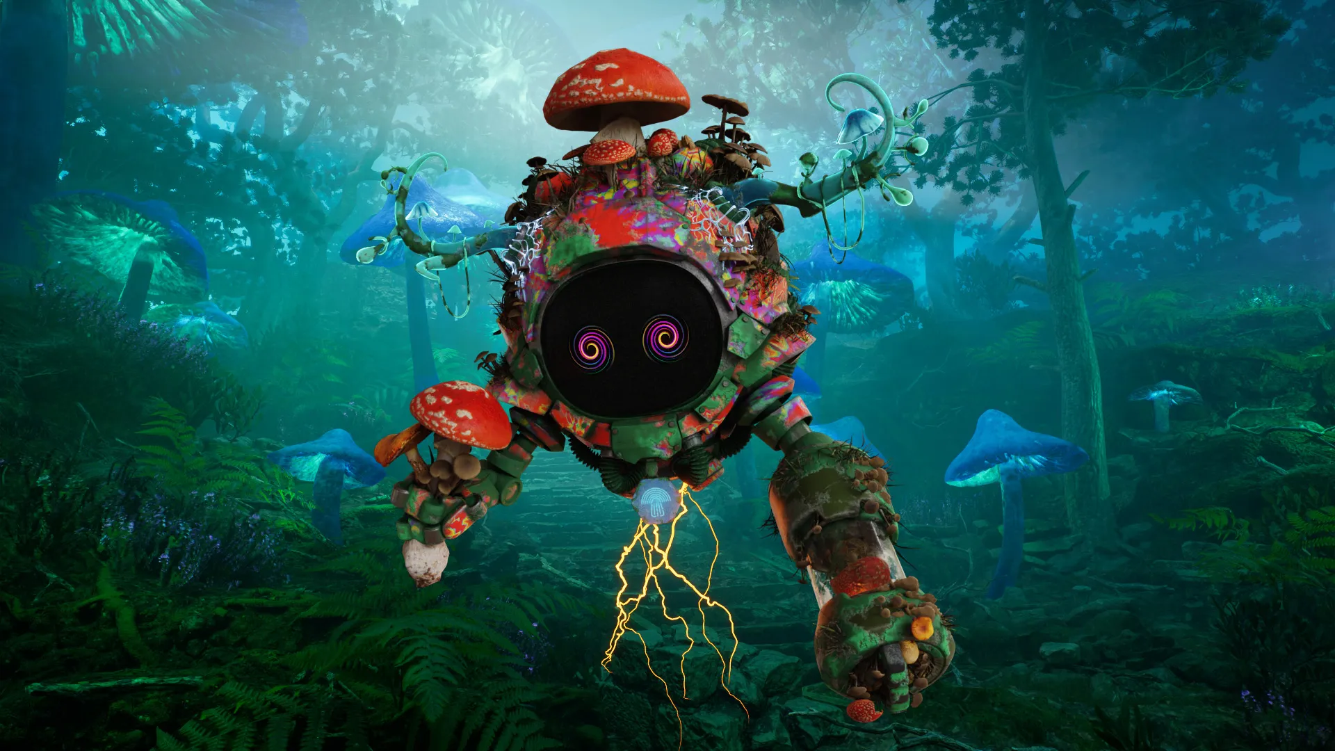 Mushroom-covered Seeker floating through a glowing forest.