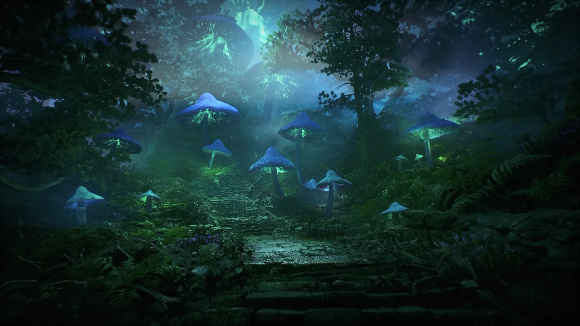 Bioluminescent mushroom forest environment for Seekers.