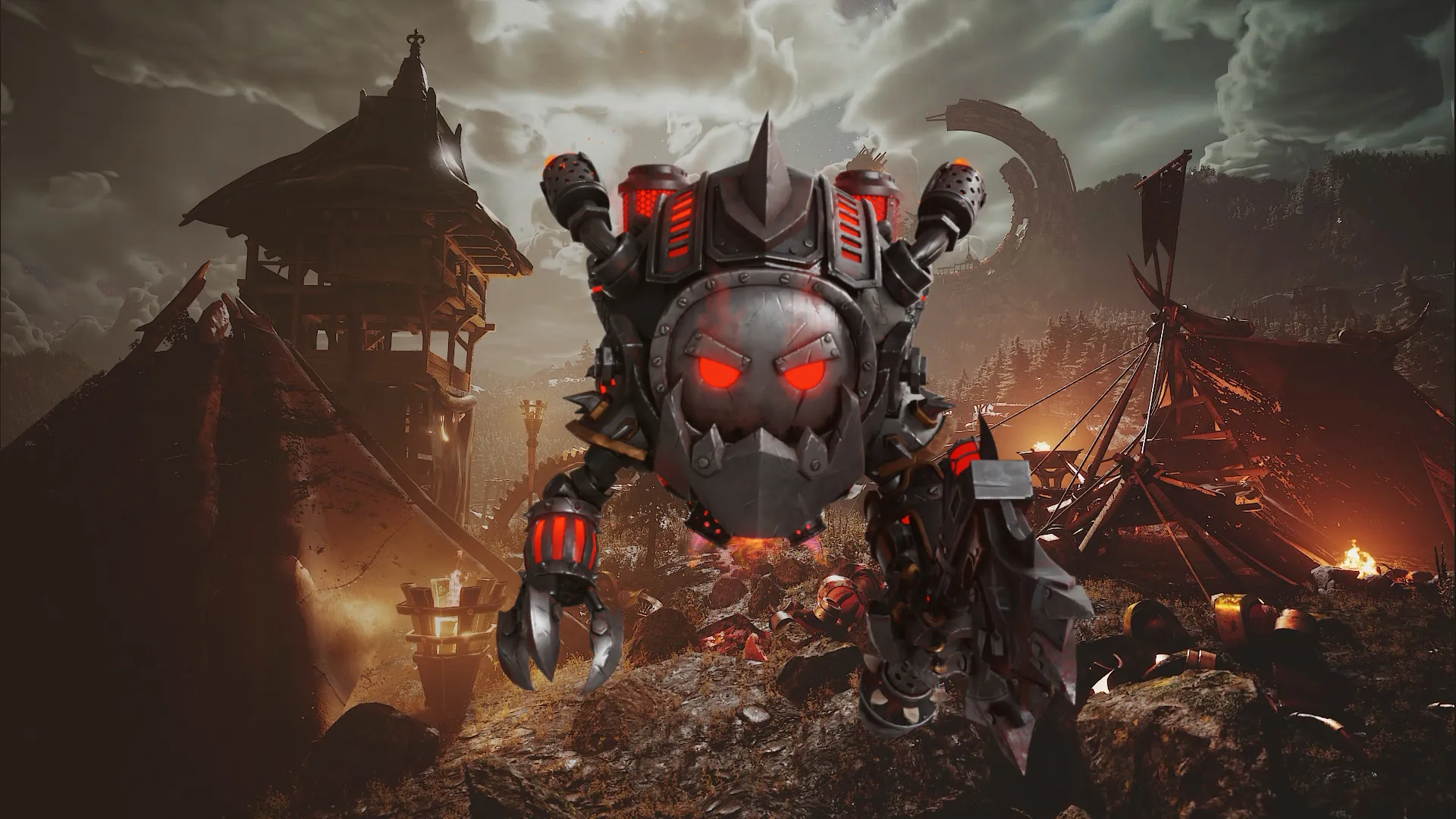 Armored red-eyed Seeker in a dark fantasy war camp.