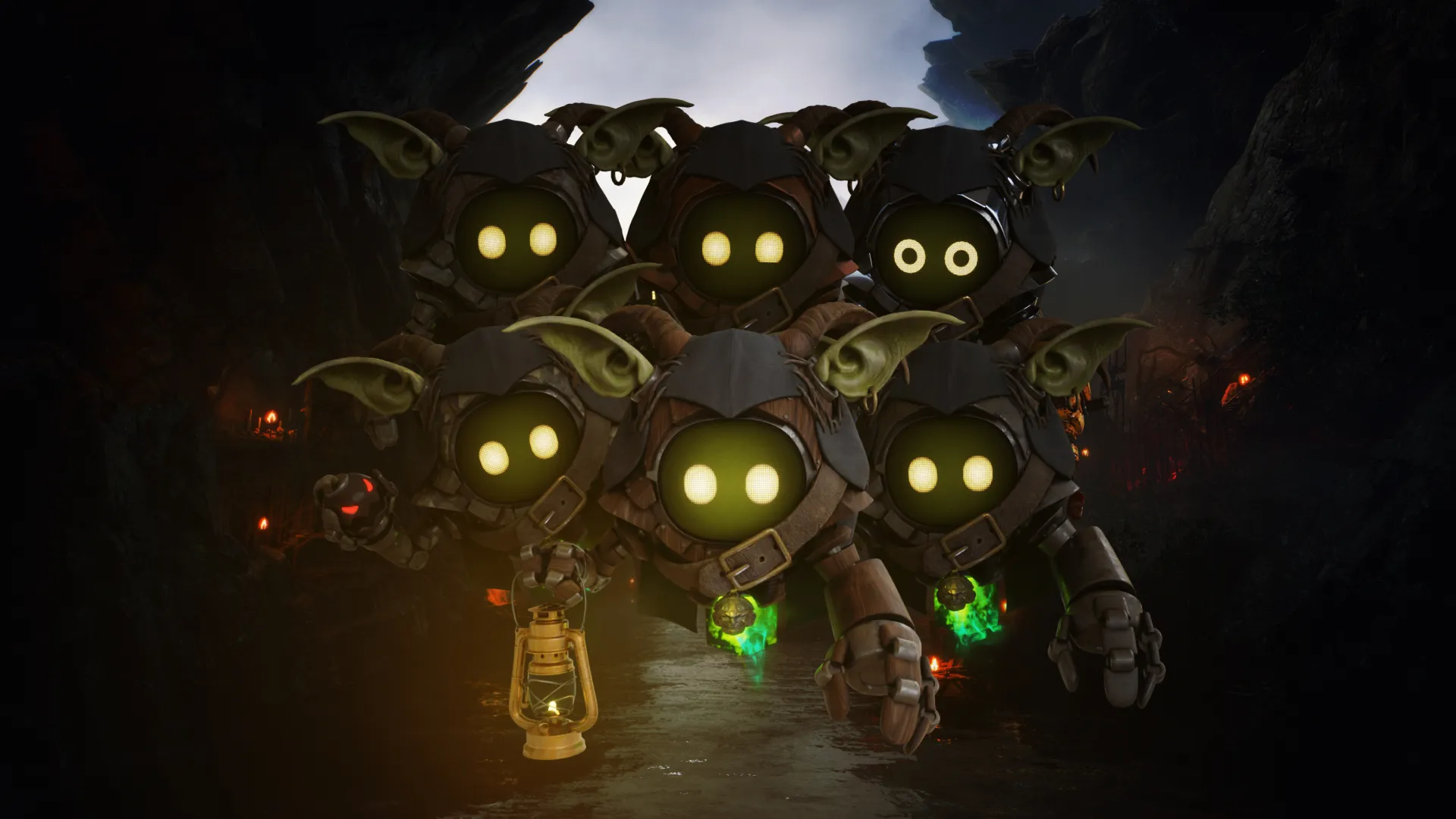 Group of fantasy-styled Seekers carrying a lantern through a dark cave.