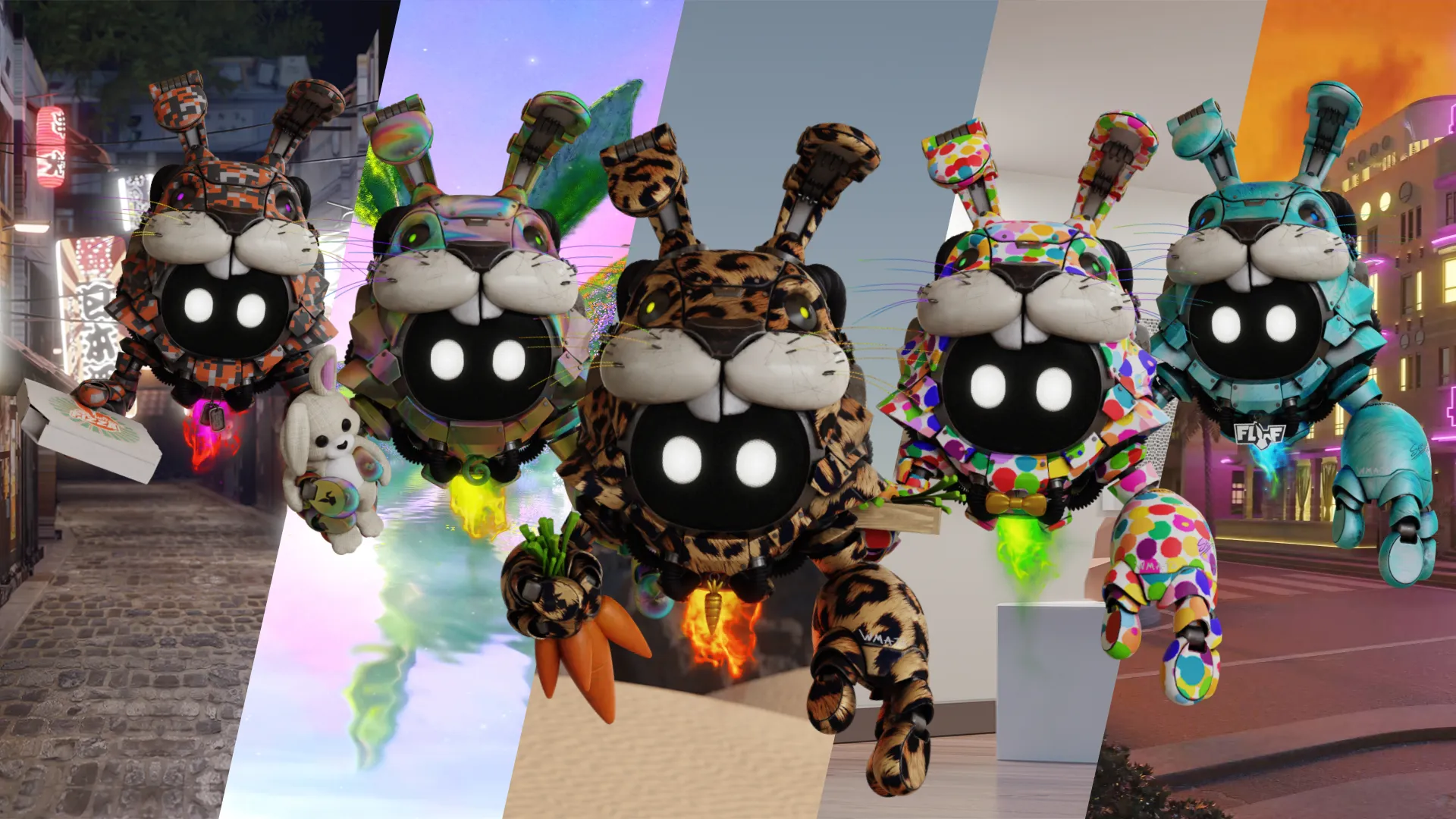 Lineup of five themed Seeker avatars across different environments.