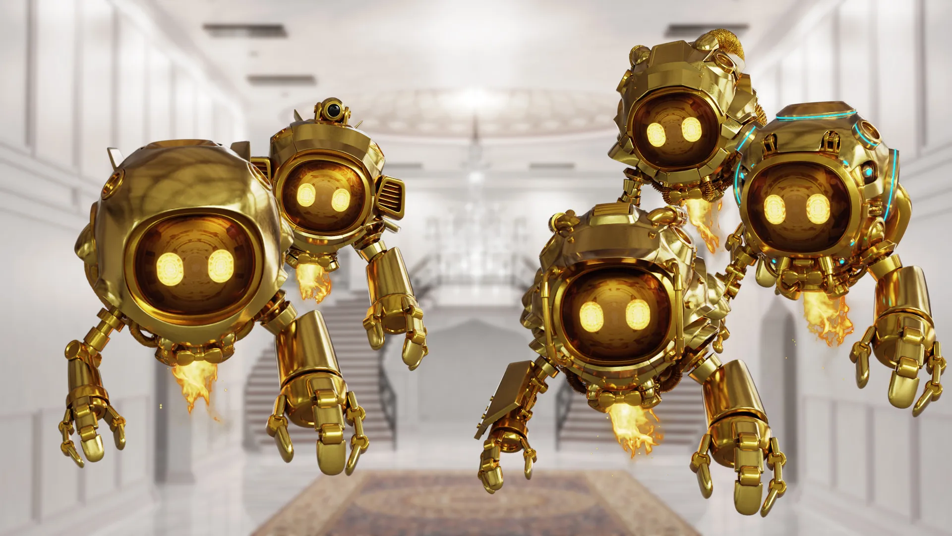 Gold Seekers floating in a bright mansion interior.