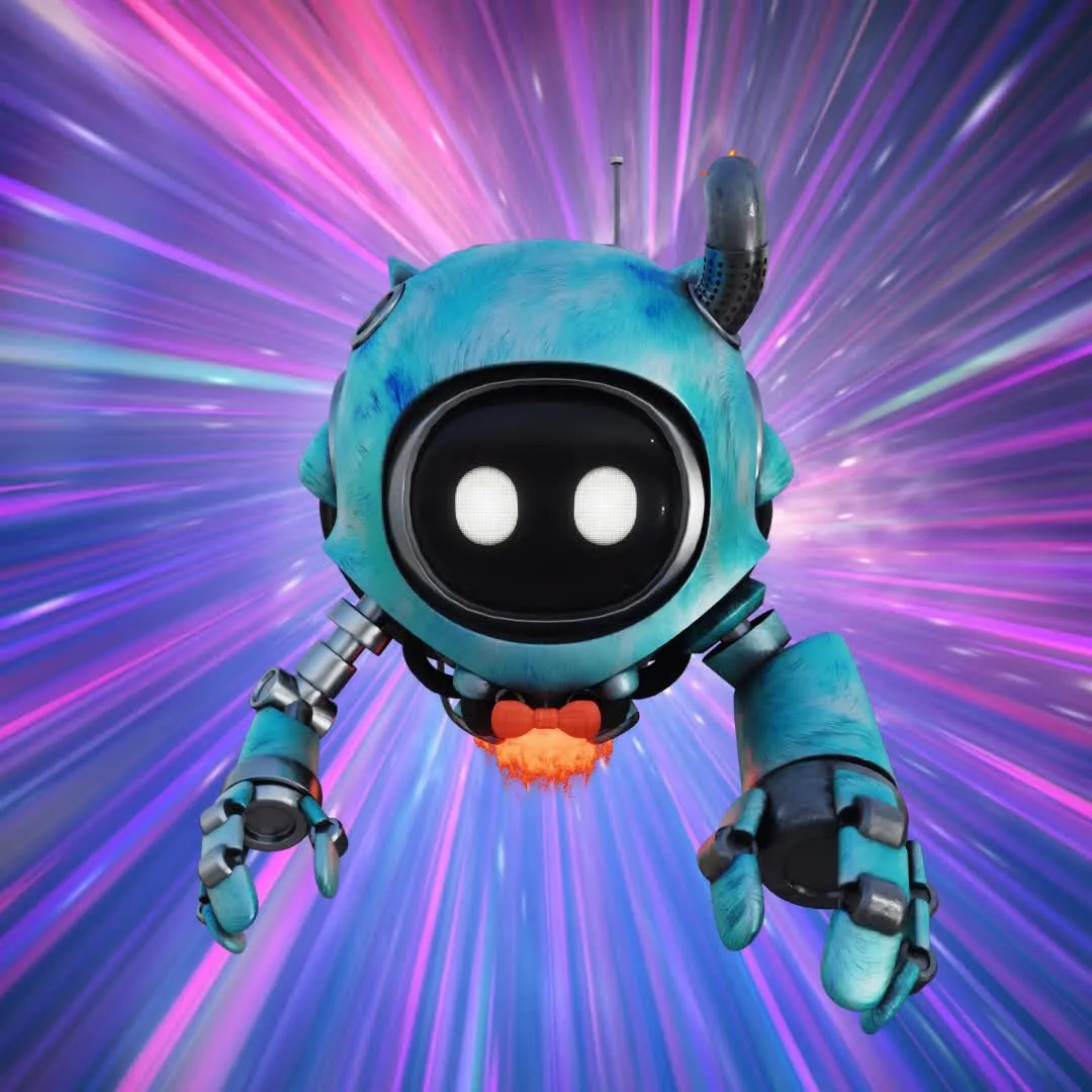 Blue Seeker robot flying through a vivid purple warp tunnel.