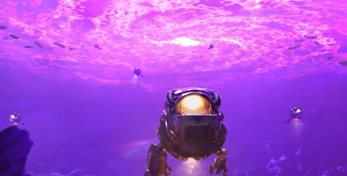 Seekers exploring a purple underwater scene near the glowing surface.