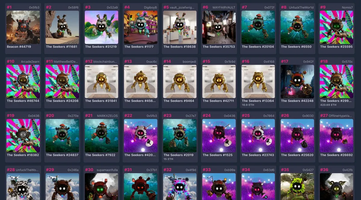 Grid of ranked Seeker avatars shown in a marketplace-style interface.