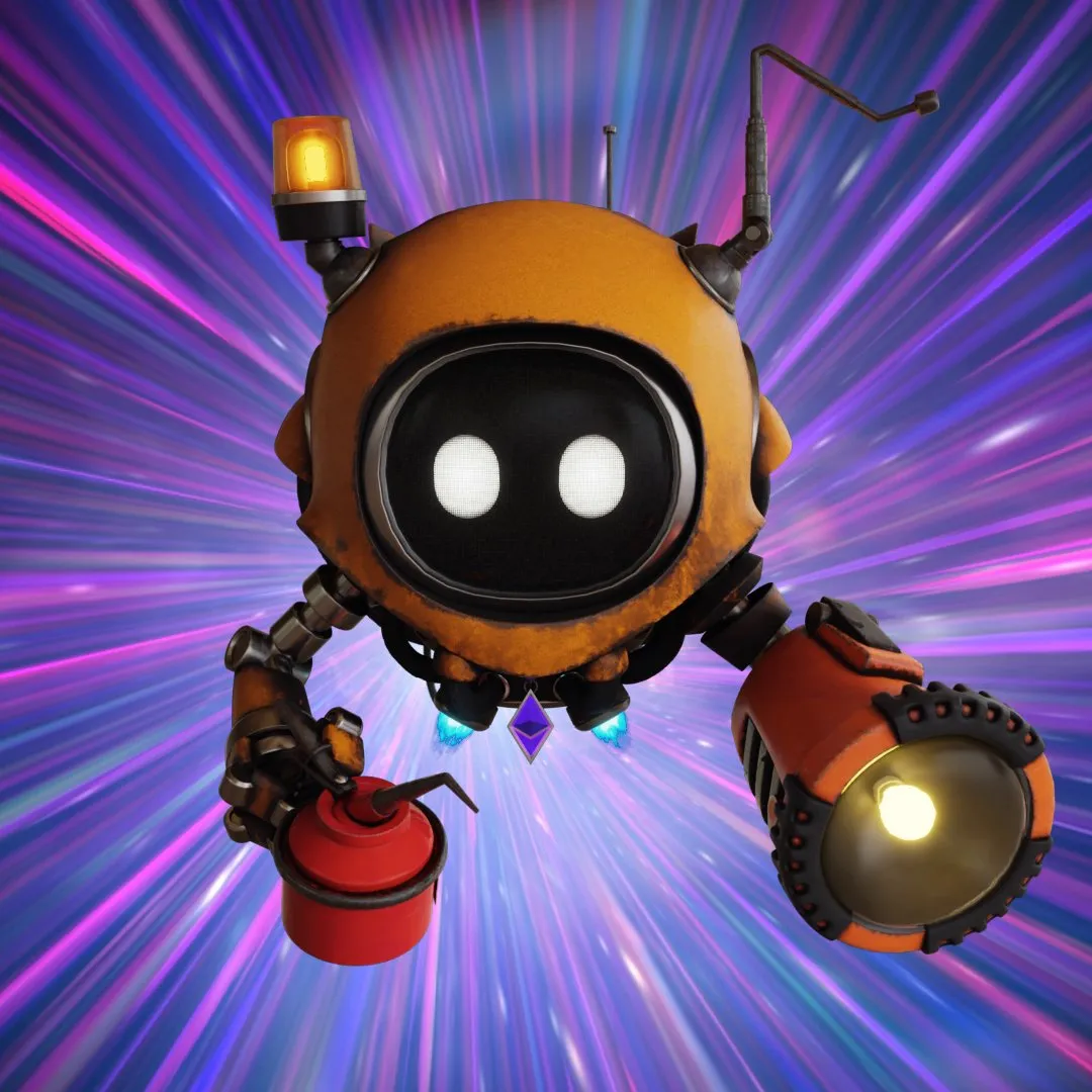 Orange Seeker robot flying through a vivid purple warp tunnel.