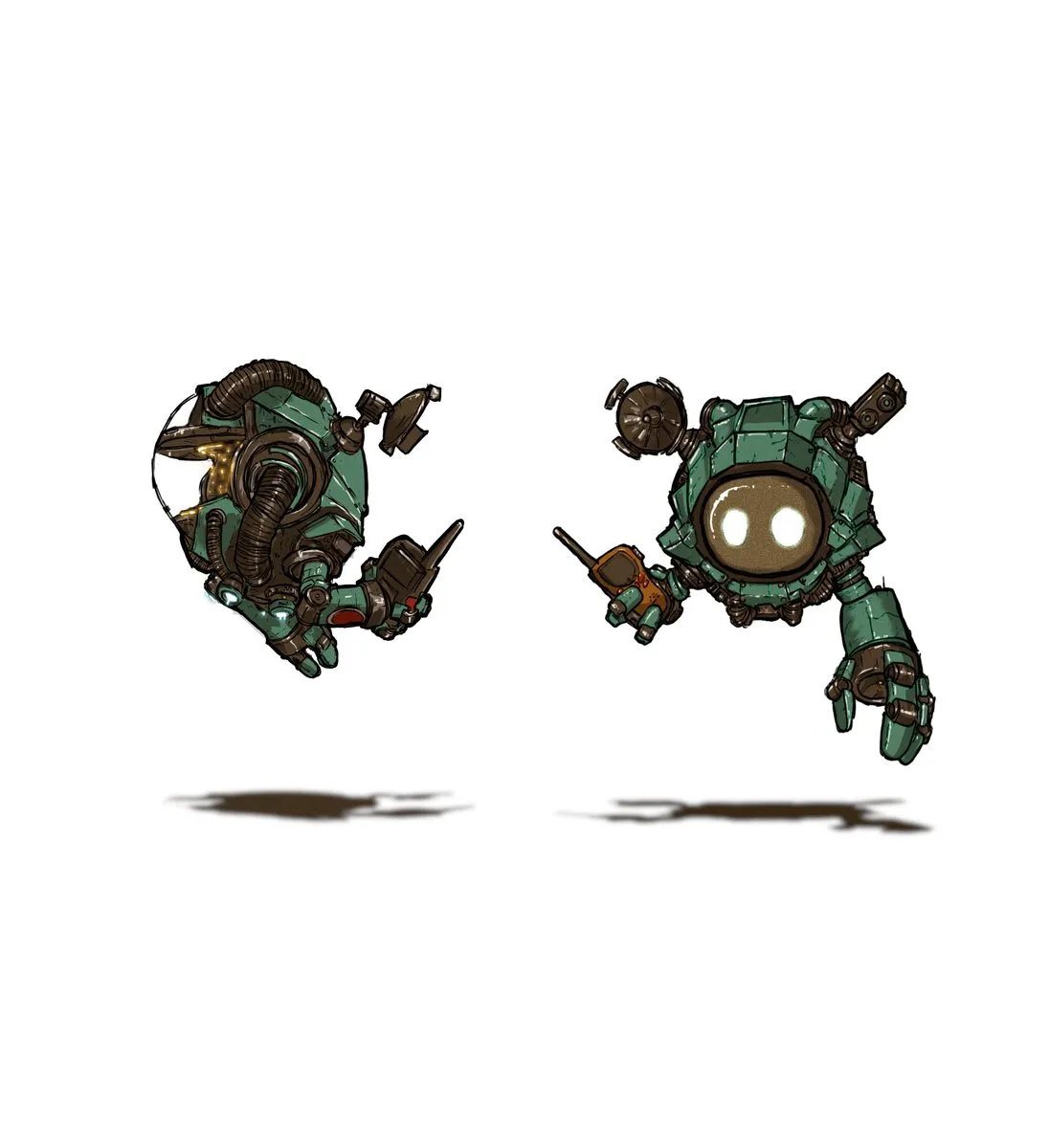 Concept art of two teal Seekers floating on a white background.