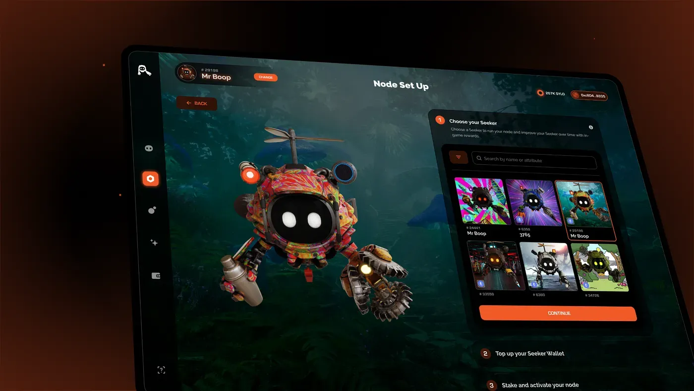 Seekers node setup interface showing a selected avatar and wallet steps.