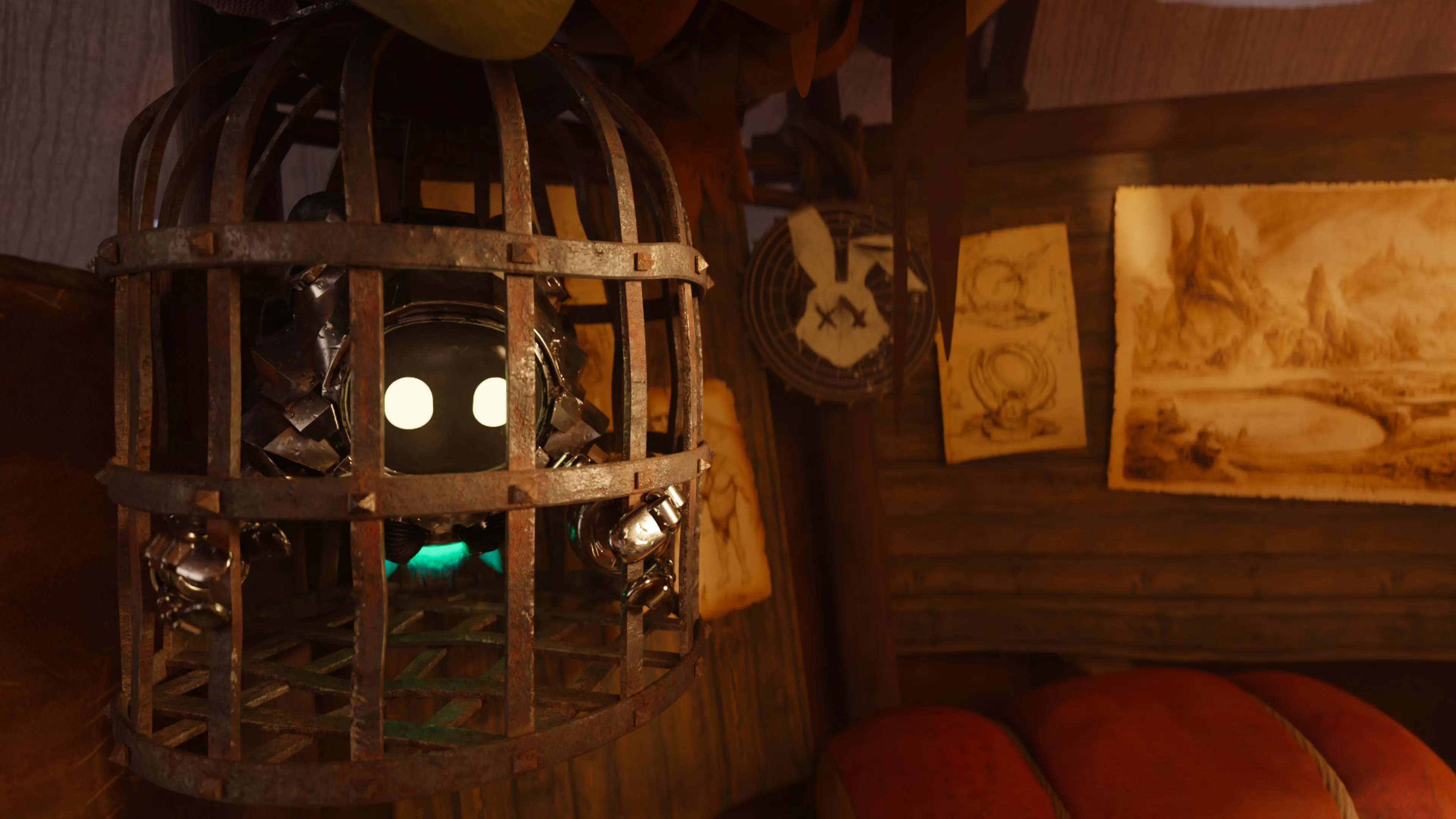 Seeker trapped in a hanging cage inside a warm wooden room.