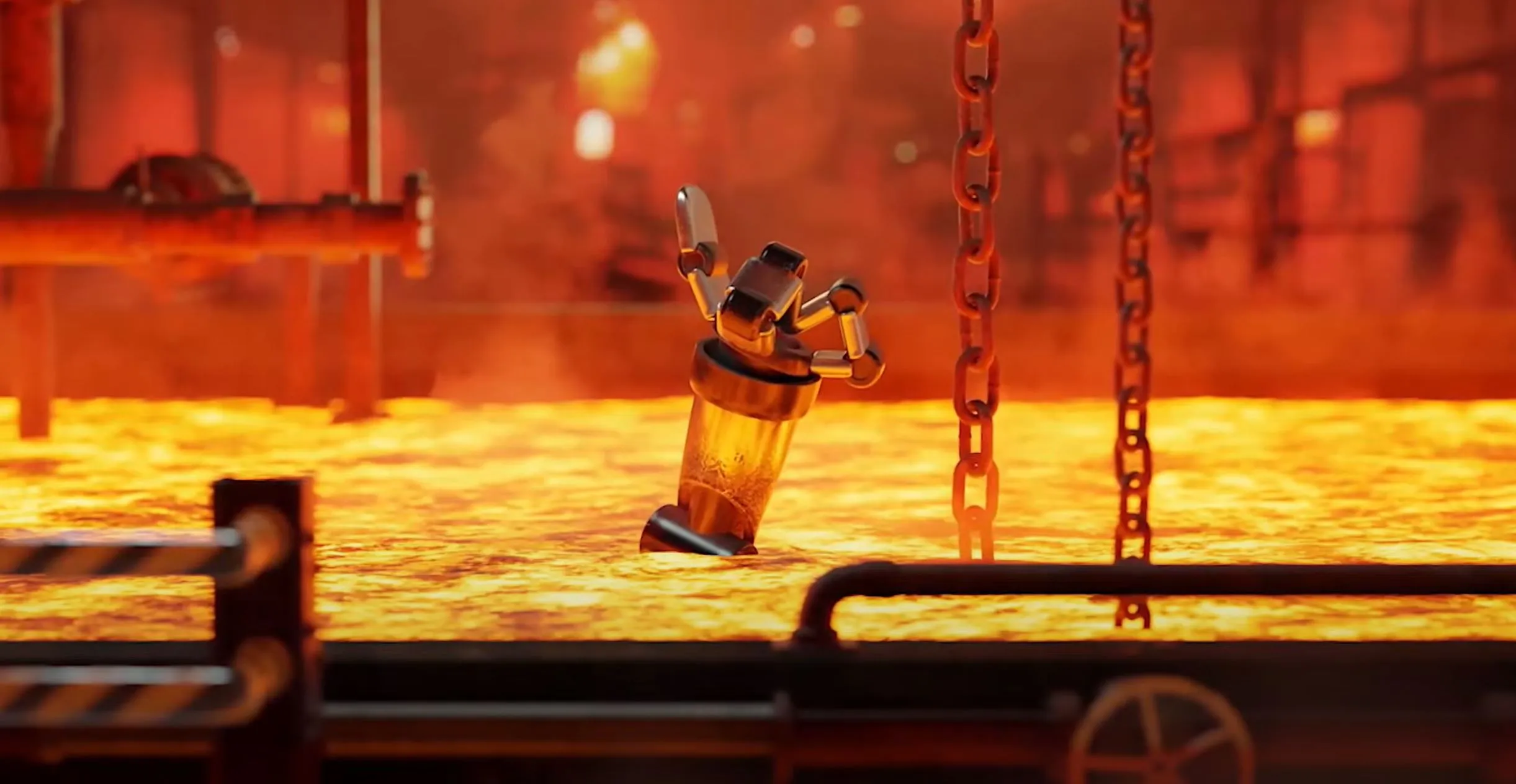 Small mechanical capsule character crossing a molten industrial scene.