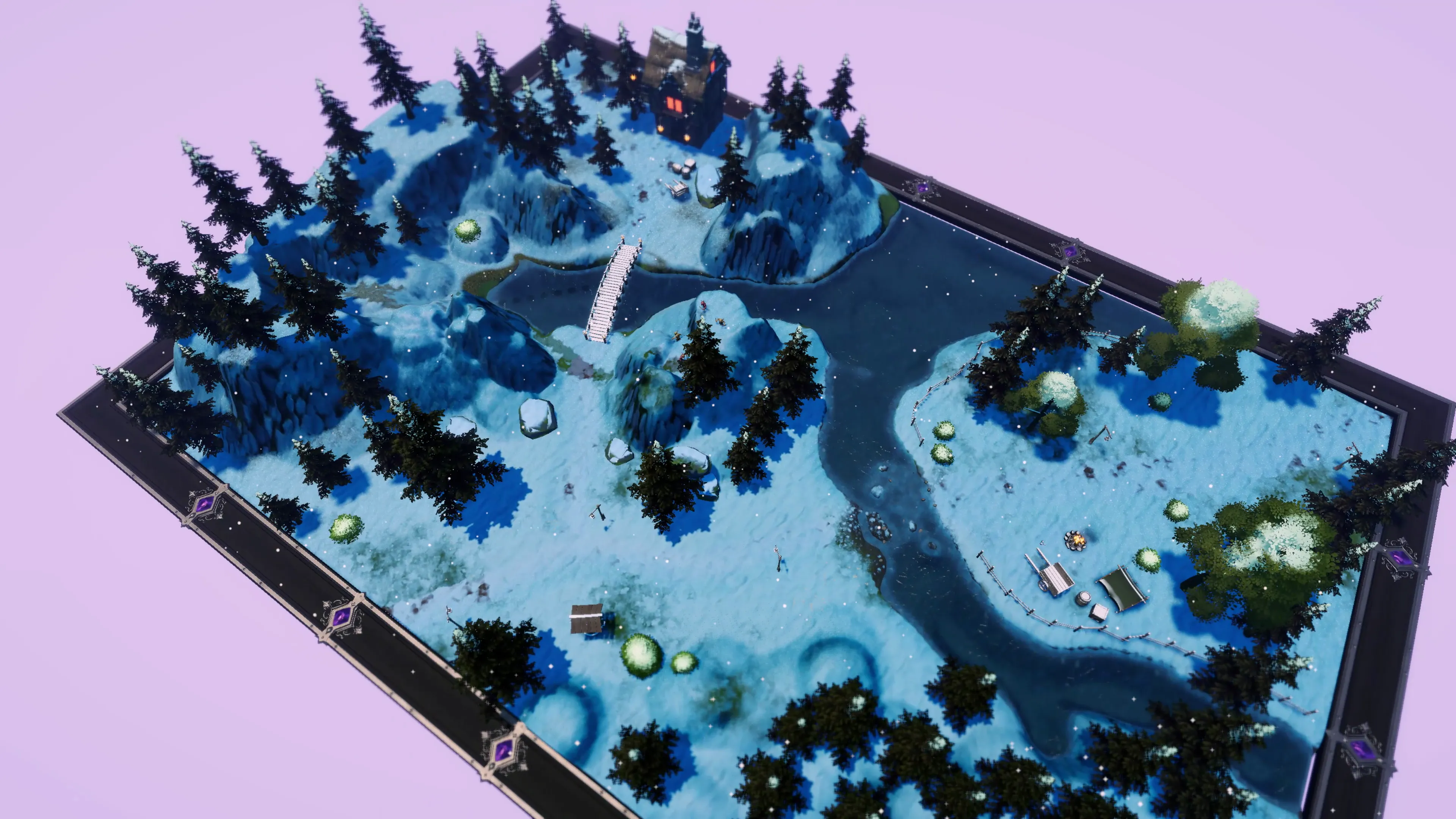 Mapmage snowy forest map with river, bridge, cabin, and campsite.