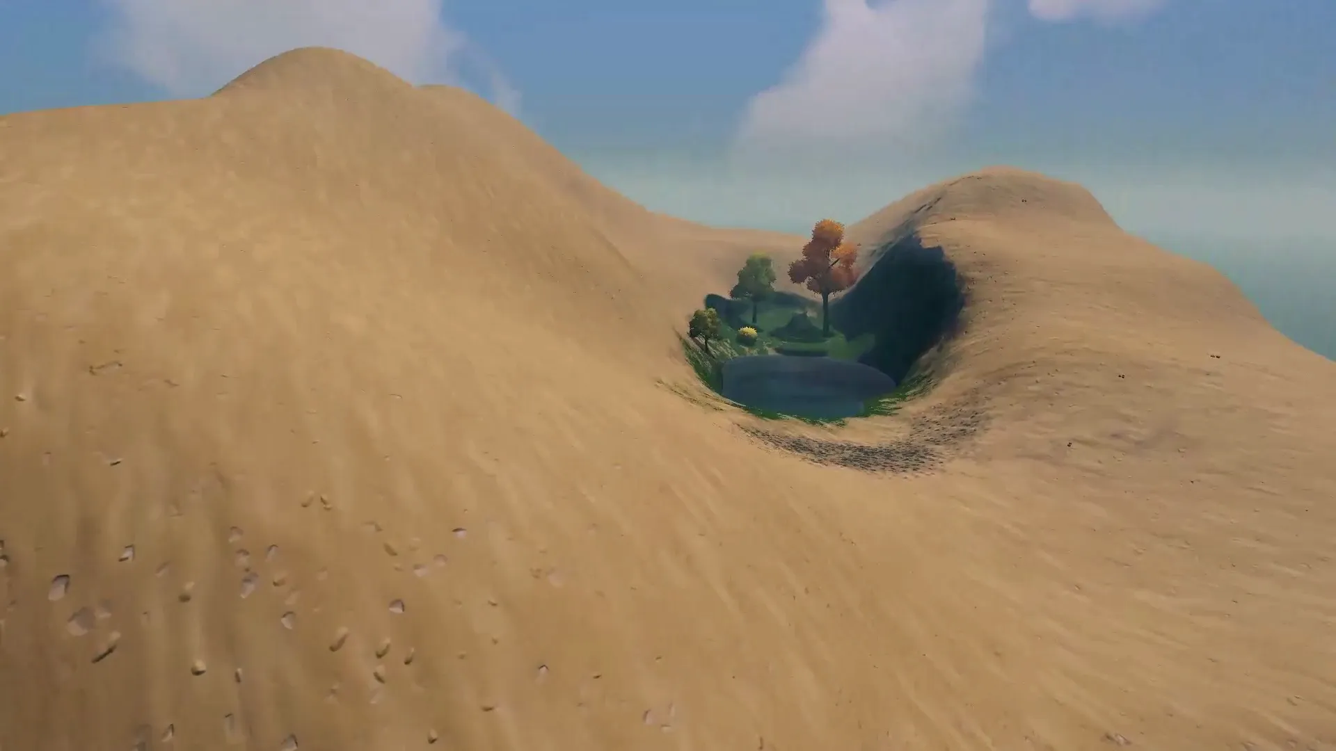 Mapmage desert landscape with a hidden oasis between sand dunes.
