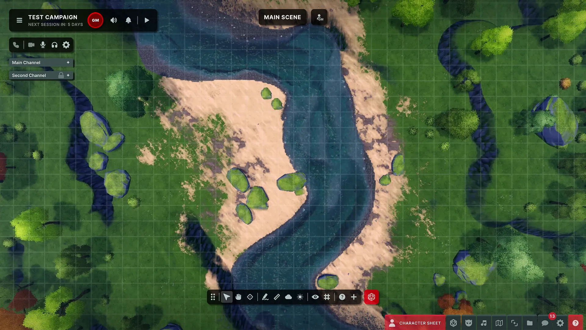 Mapmage virtual tabletop interface showing a river map with grid and session controls.