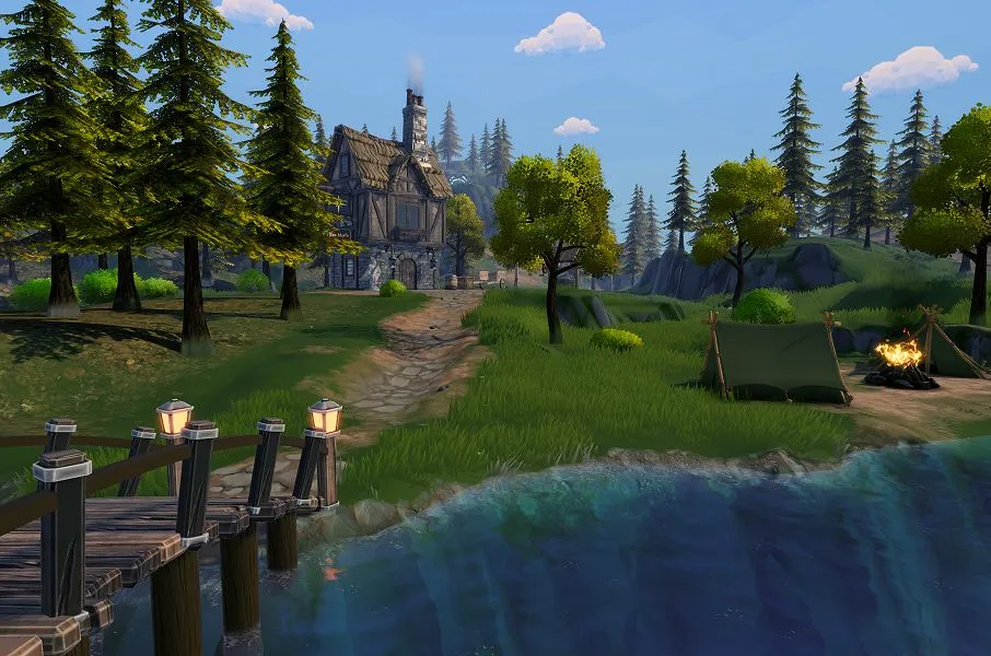 Mapmage lakeside scene with a timber house, footbridge, and campsite.