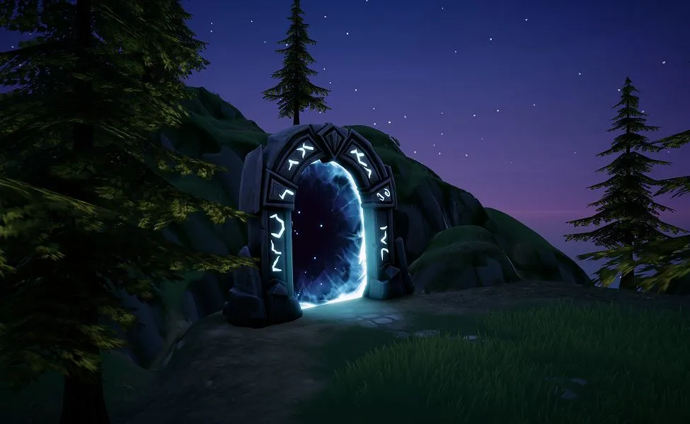 Mapmage glowing portal at night in a forest clearing.