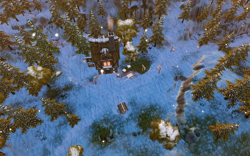 Mapmage snowy top-down environment with a cabin in the woods.