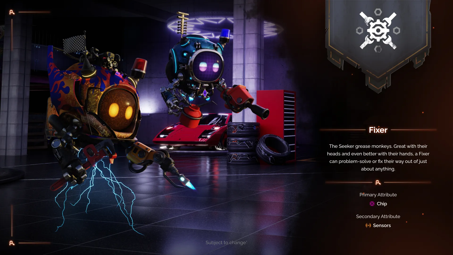 Fixer class Seekers repairing a race car in a neon garage.