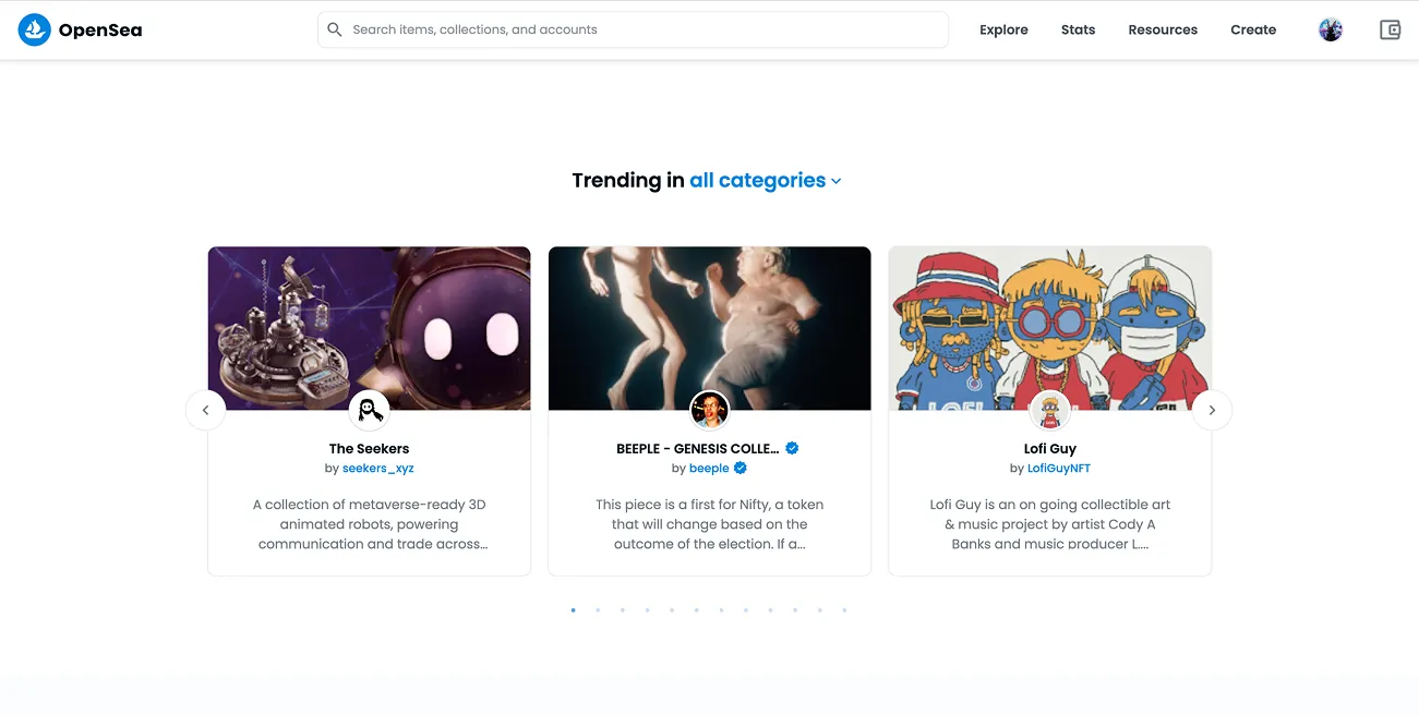The Seekers collection shown as a trending project on OpenSea.