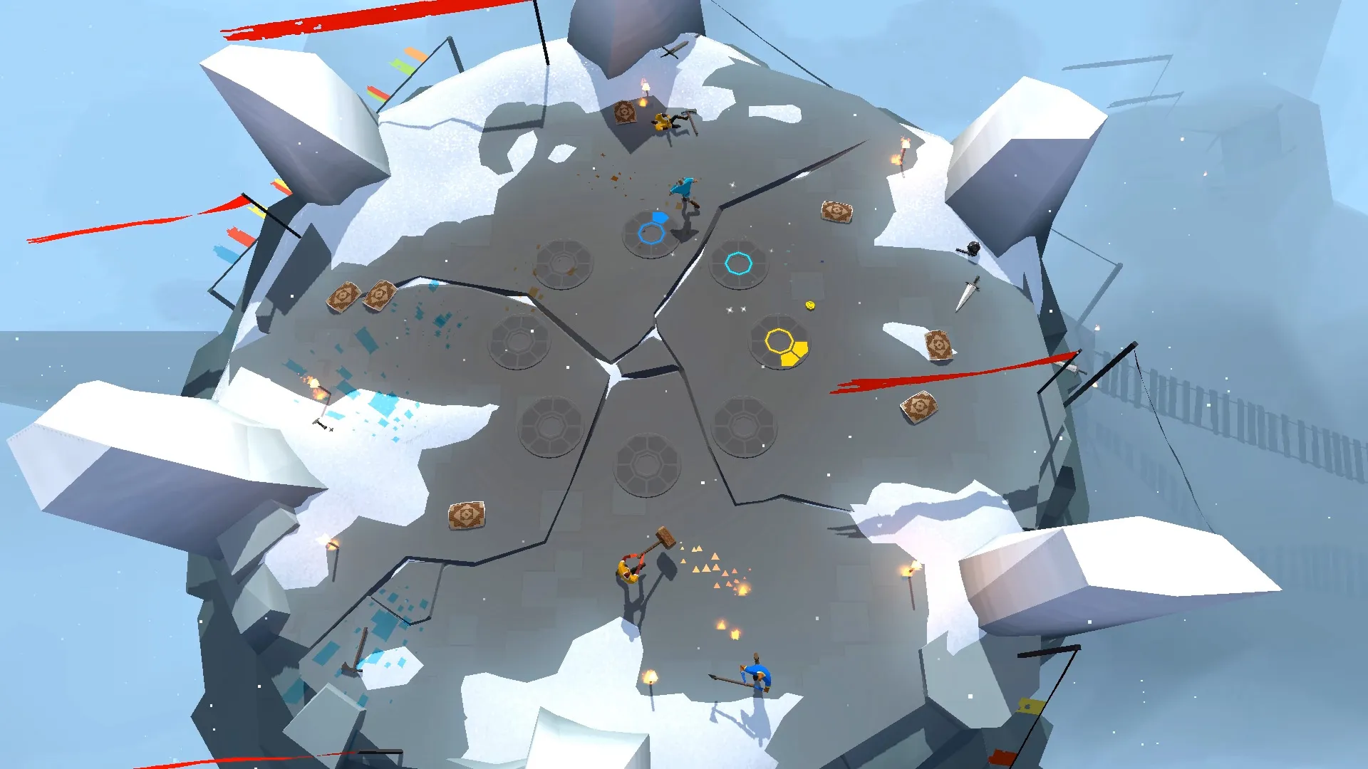 Swordy snowy mountain arena shown from above with players and weapons scattered across the platform.
