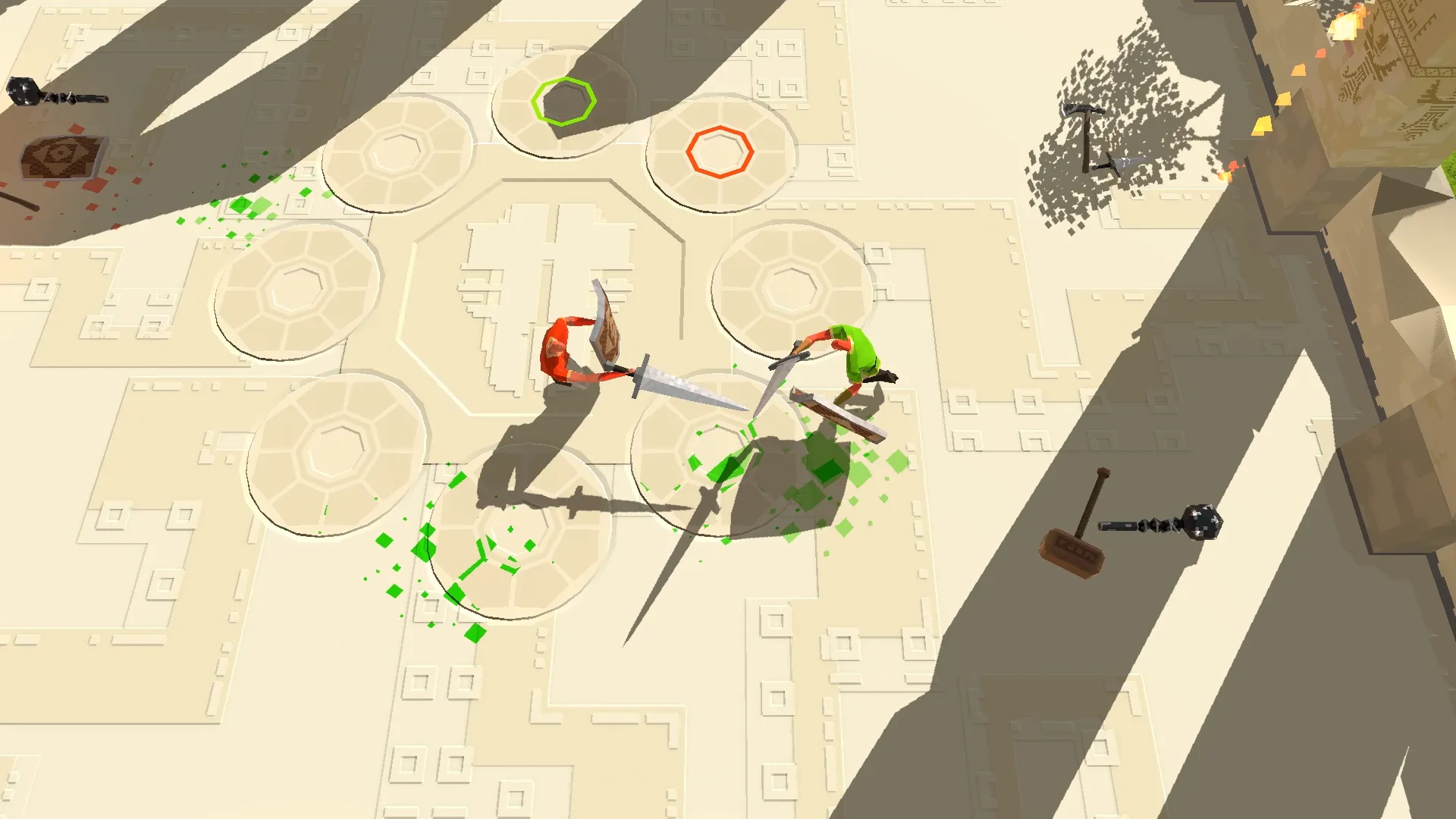 Swordy combat scene with two fighters clashing swords in a sunlit arena.