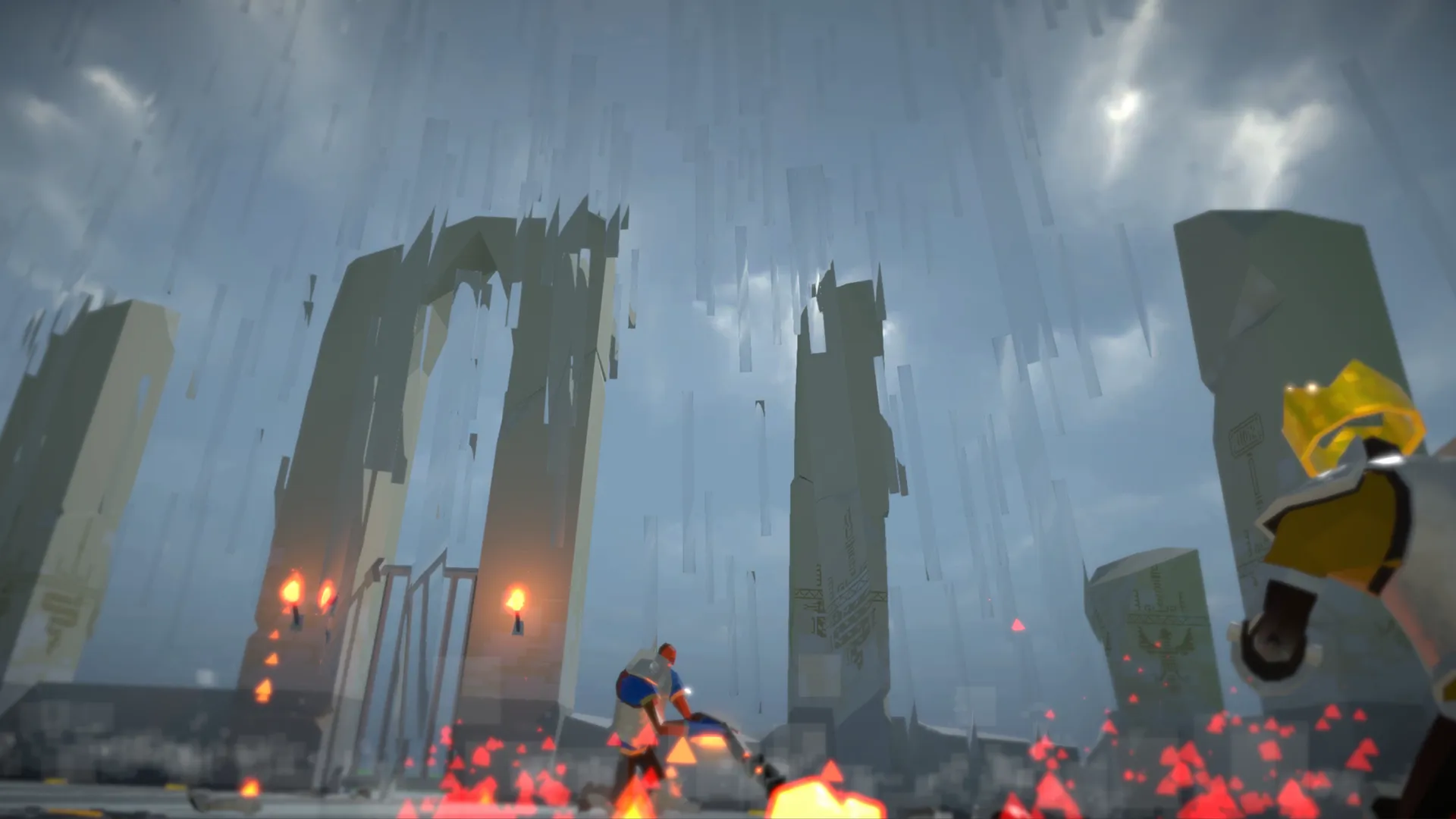 Swordy cinematic arena view with towering ruins, stormy skies, and glowing particles.