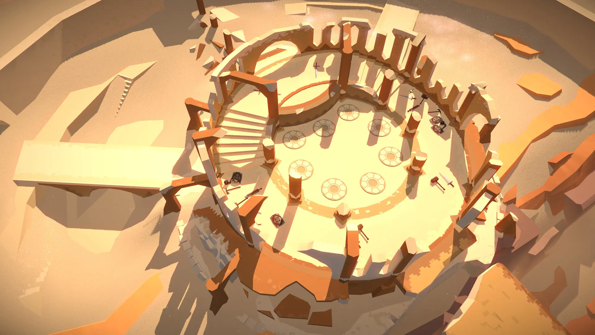 Swordy desert arena viewed from above in warm golden light.