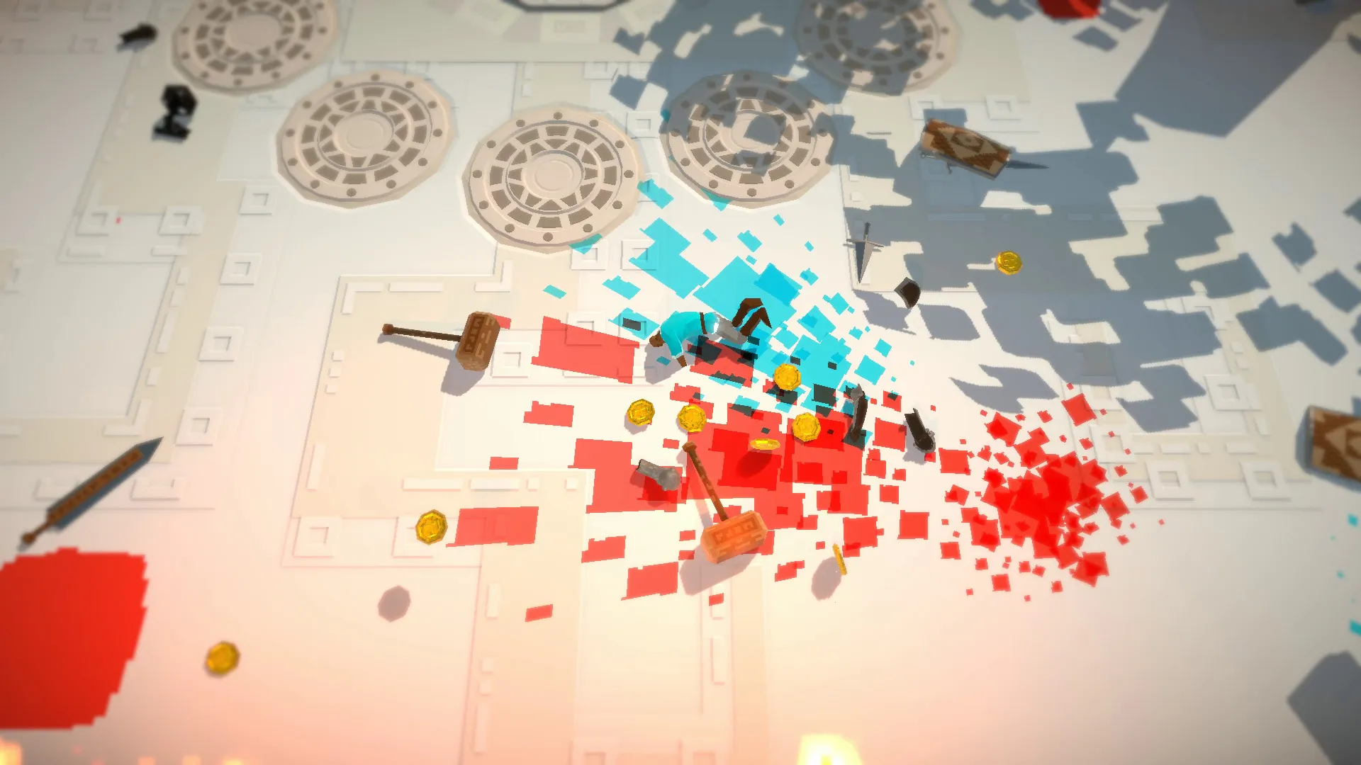Swordy player tumbling through colorful red and blue impact particles with coins and weapons nearby.