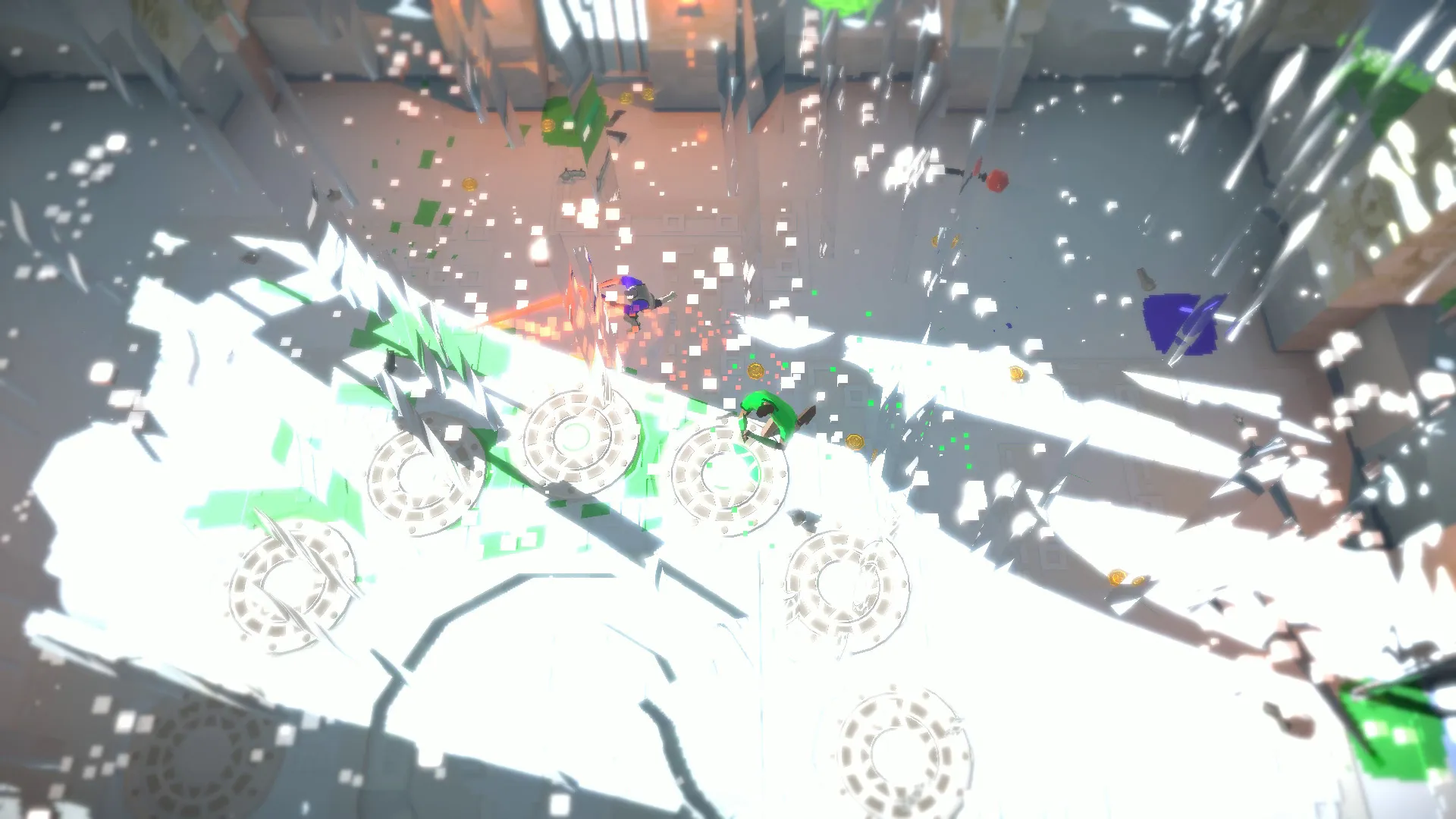 Swordy arena exploding with bright white shards during a chaotic multiplayer fight.