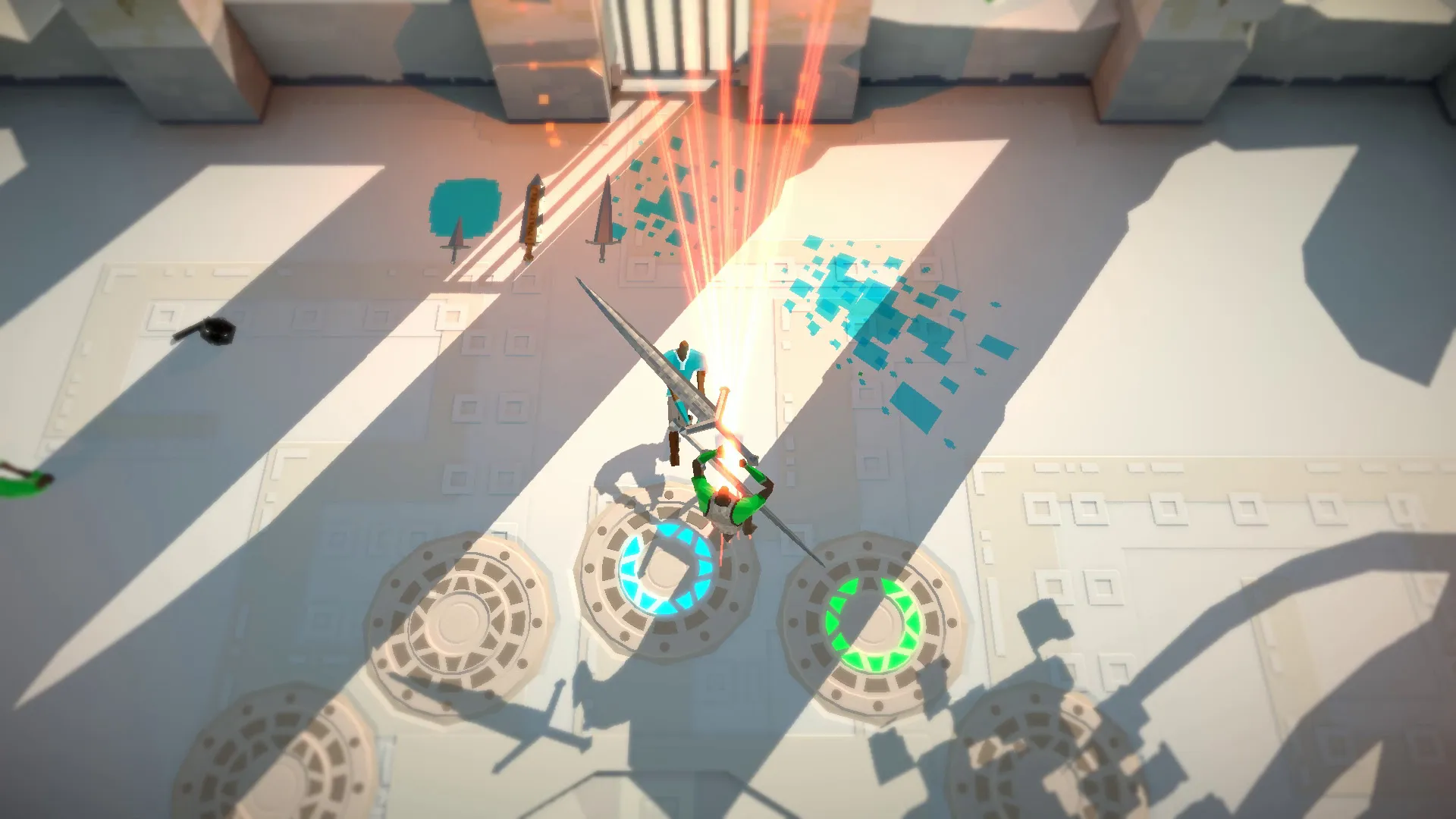 Swordy fighter landing a glowing sword strike in a bright arena with long shadows.