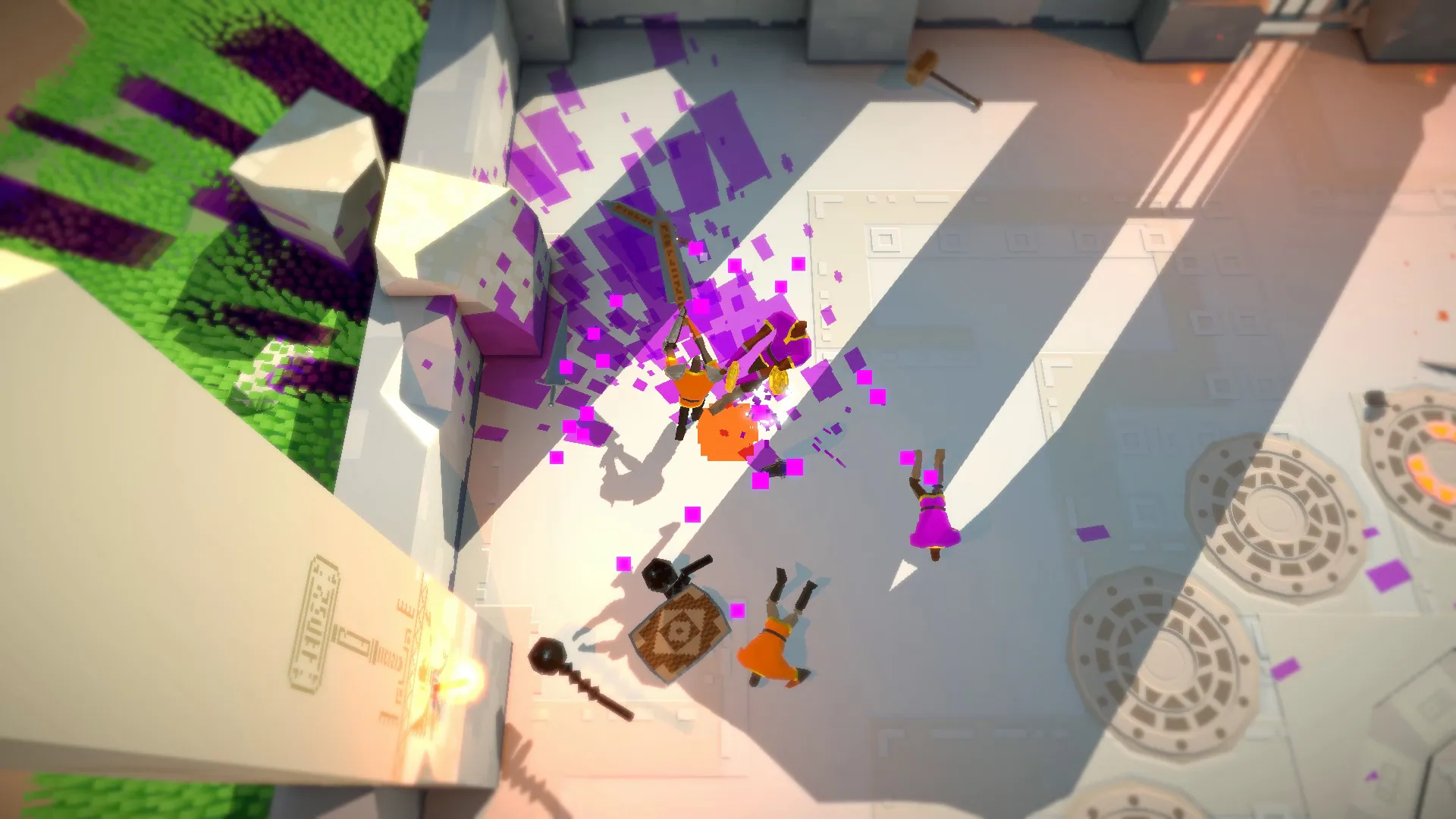 Swordy top-down brawl with players crashing into a wall amid bright purple impact particles.
