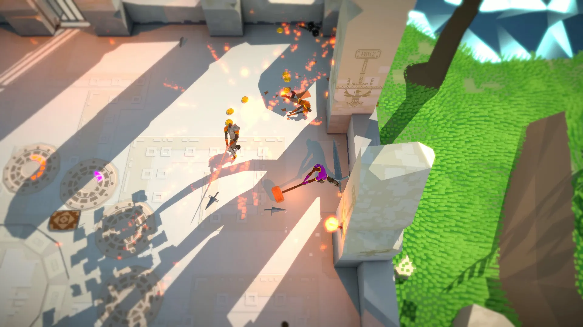 Swordy players fighting near a wall and grassy edge with glowing orange weapon trails.