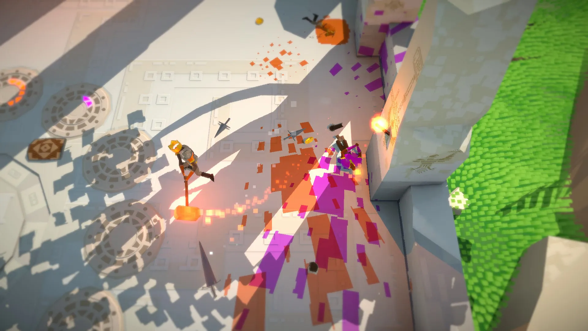 Swordy hammer-wielding fighter launching another player into a wall with orange and purple particles.