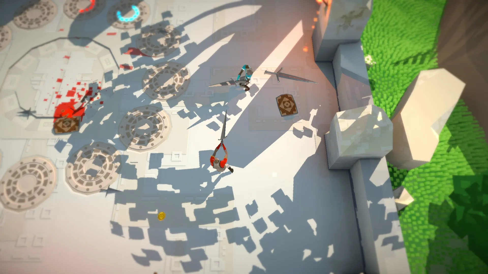 Swordy duel between two armed fighters in a sunlit arena with coins and weapons on the floor.