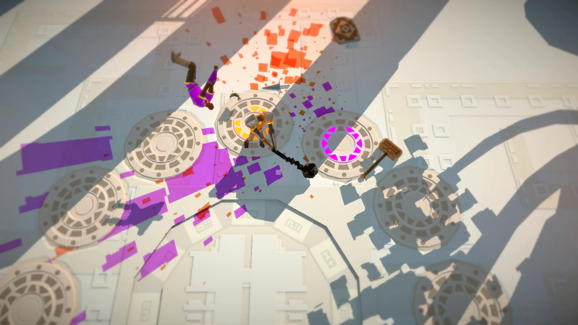 Swordy overhead battle with a mace strike and colorful particle trails around circular pads.