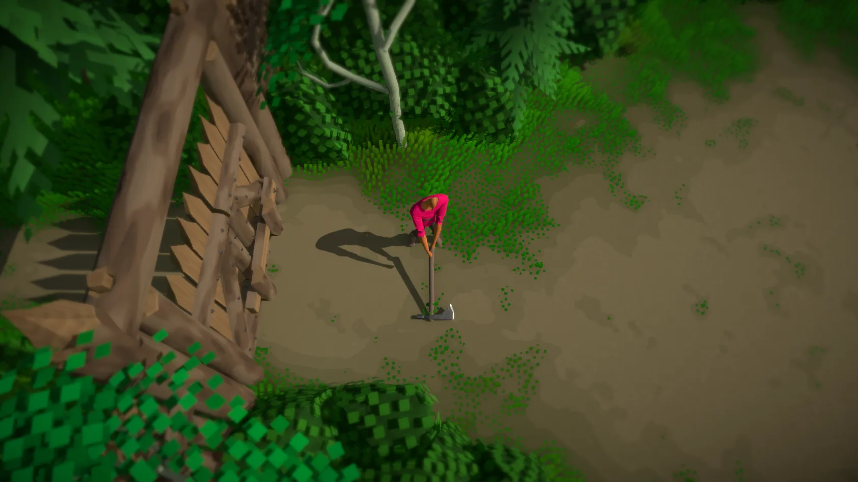Swordy overhead forest scene with a character holding a shovel beside a wooden mission structure.