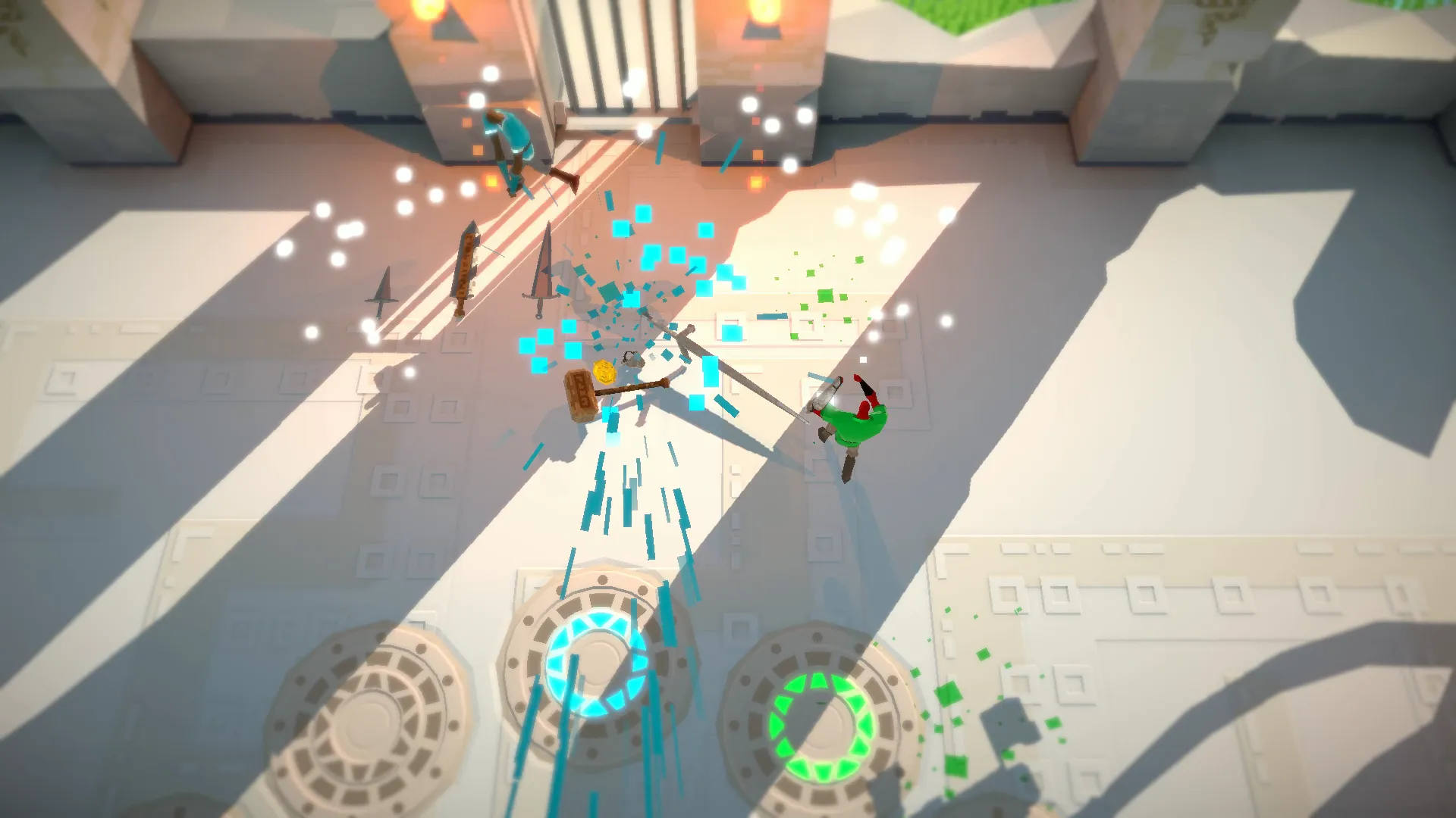 Swordy overhead combat snapshot with players colliding in blue and green particle effects.