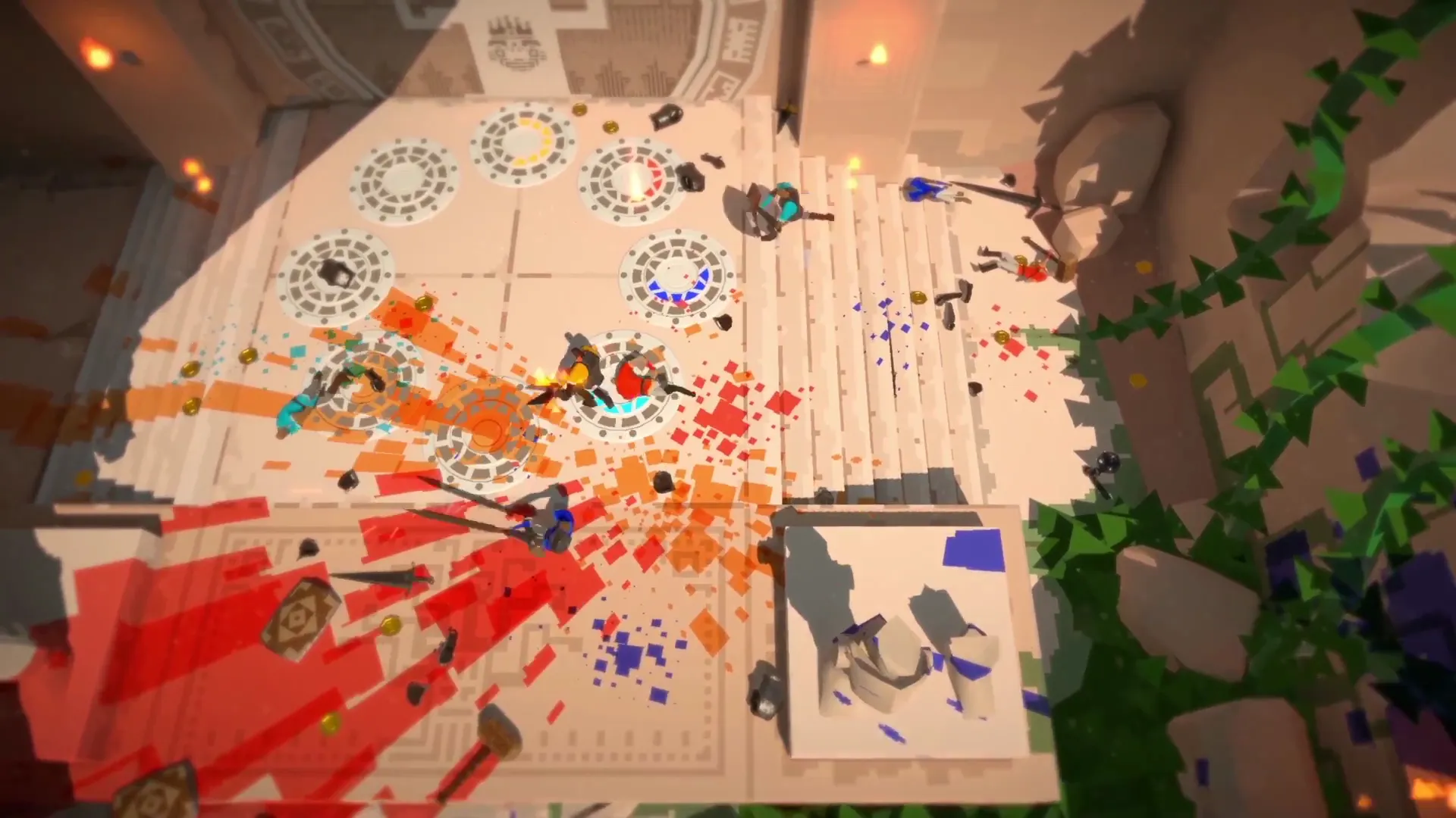Swordy top-down temple arena snapshot with several fighters, coins, and red paint-like trails.