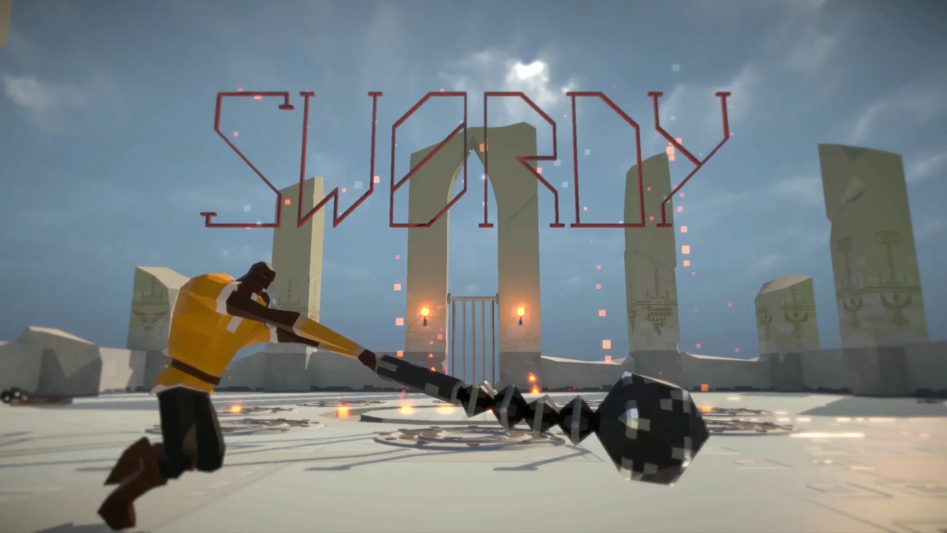 Swordy title screen with a hammer-wielding character in front of the arena ruins.
