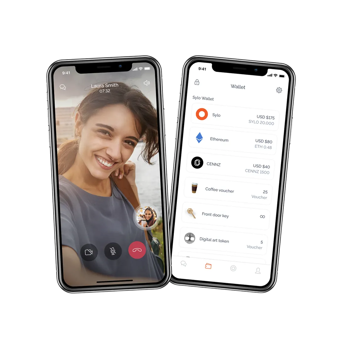 Sylo mobile app screens showing video calling and wallet balances.