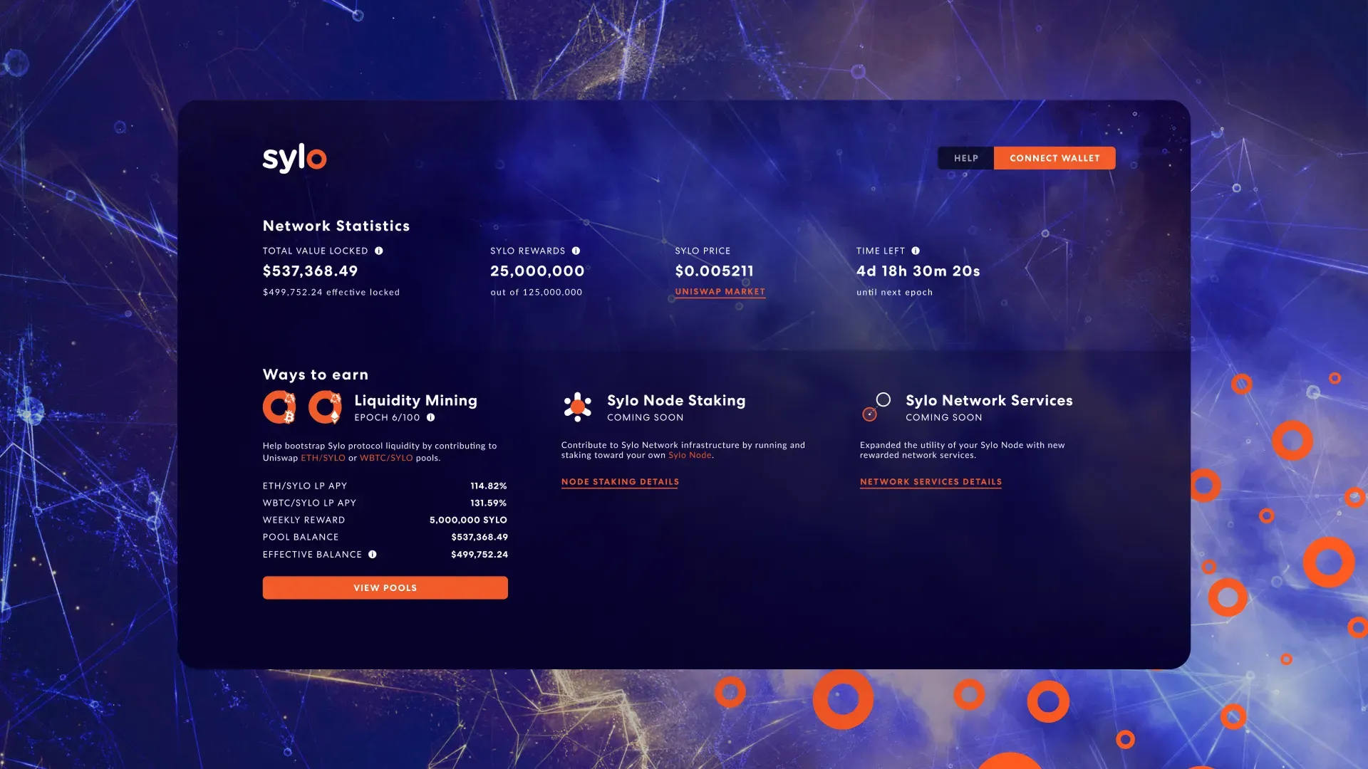 Sylo network statistics and earning interface on a dark blue web dashboard.