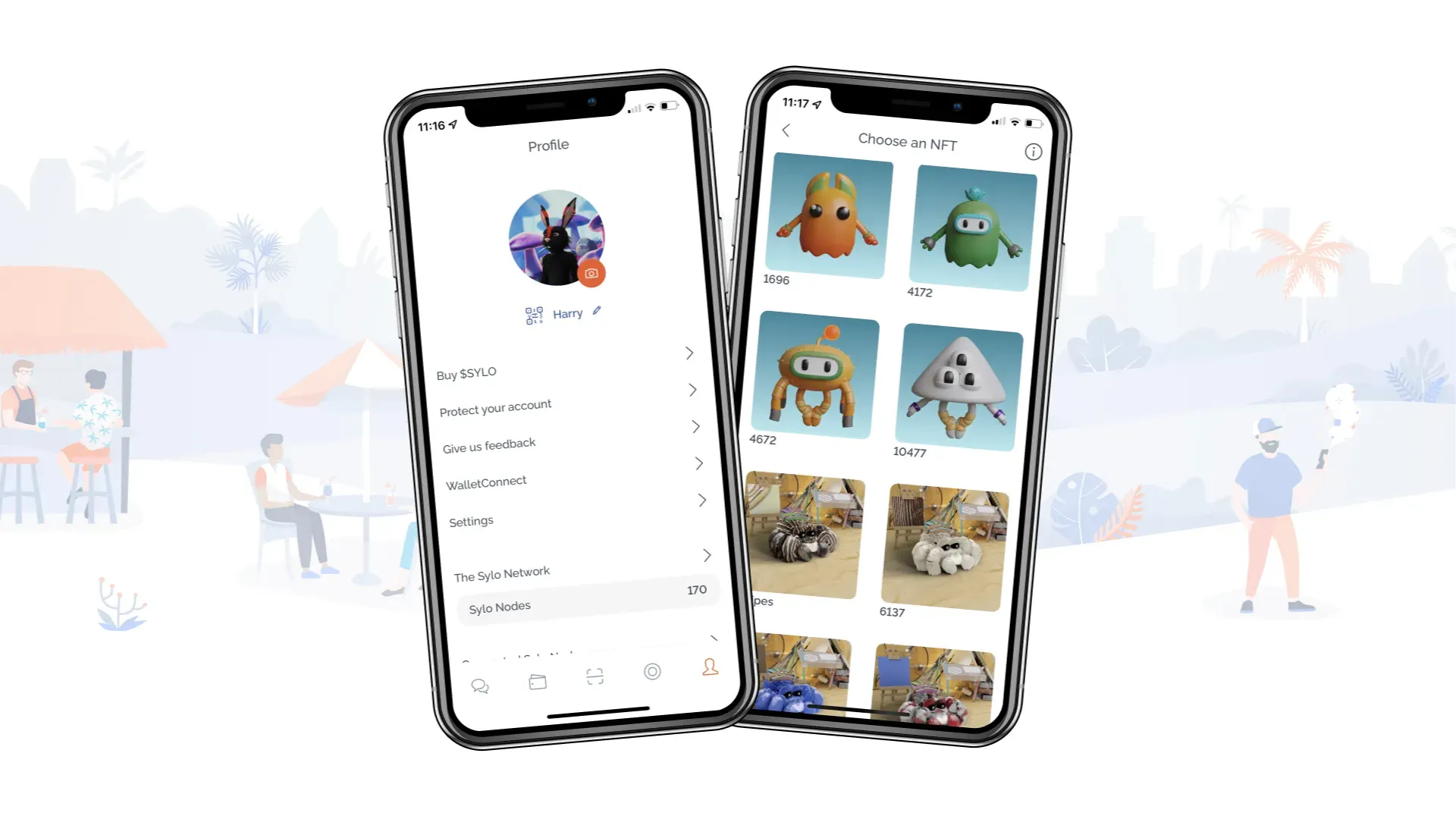 Sylo mobile profile and NFT selection screens shown on two phones.